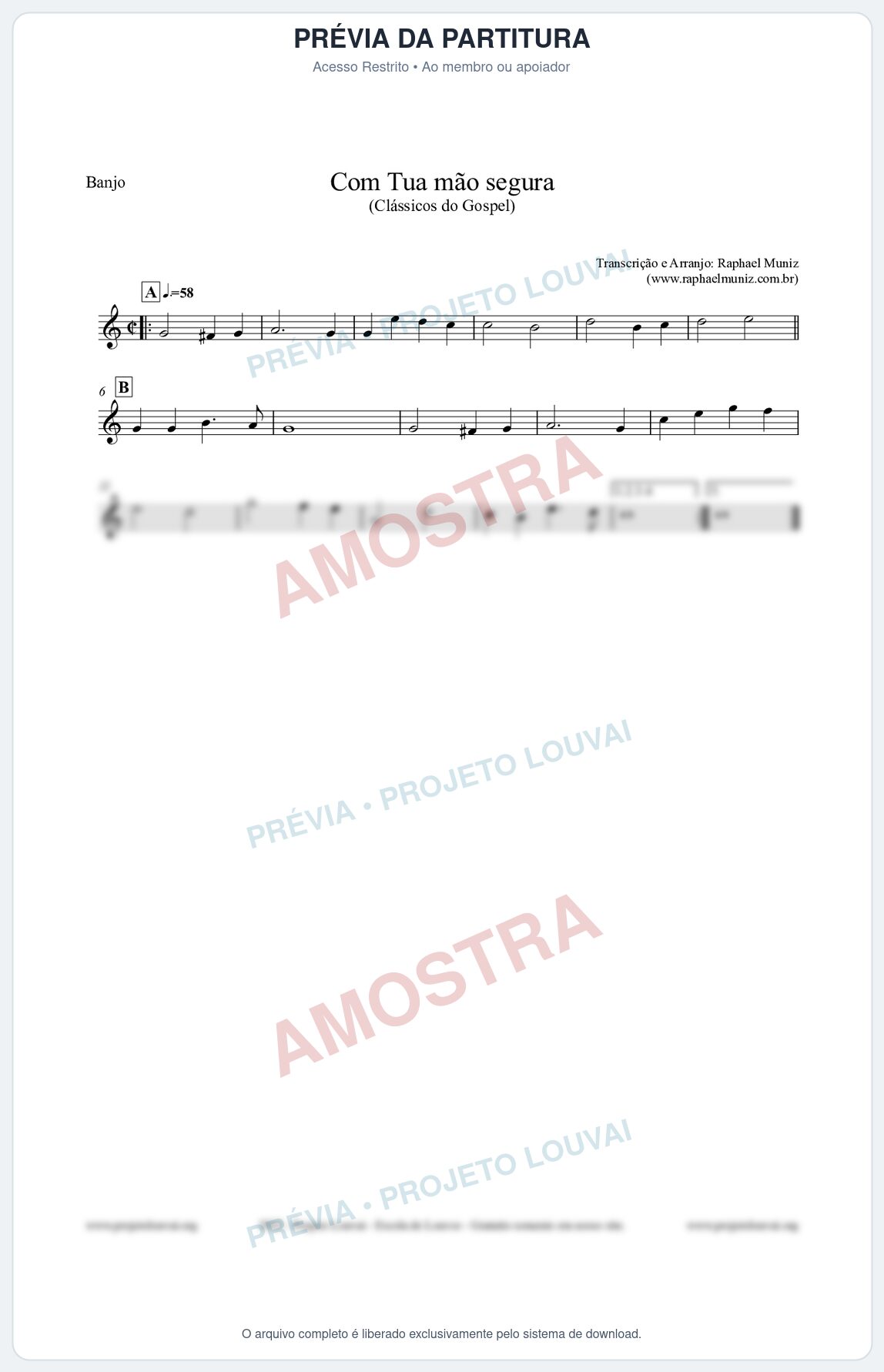 Prévia protegida da primeira página da partitura Partitura para Banjo - Com tua mão segura - Harpa Cristã nº33 - Clássicos do Gospel