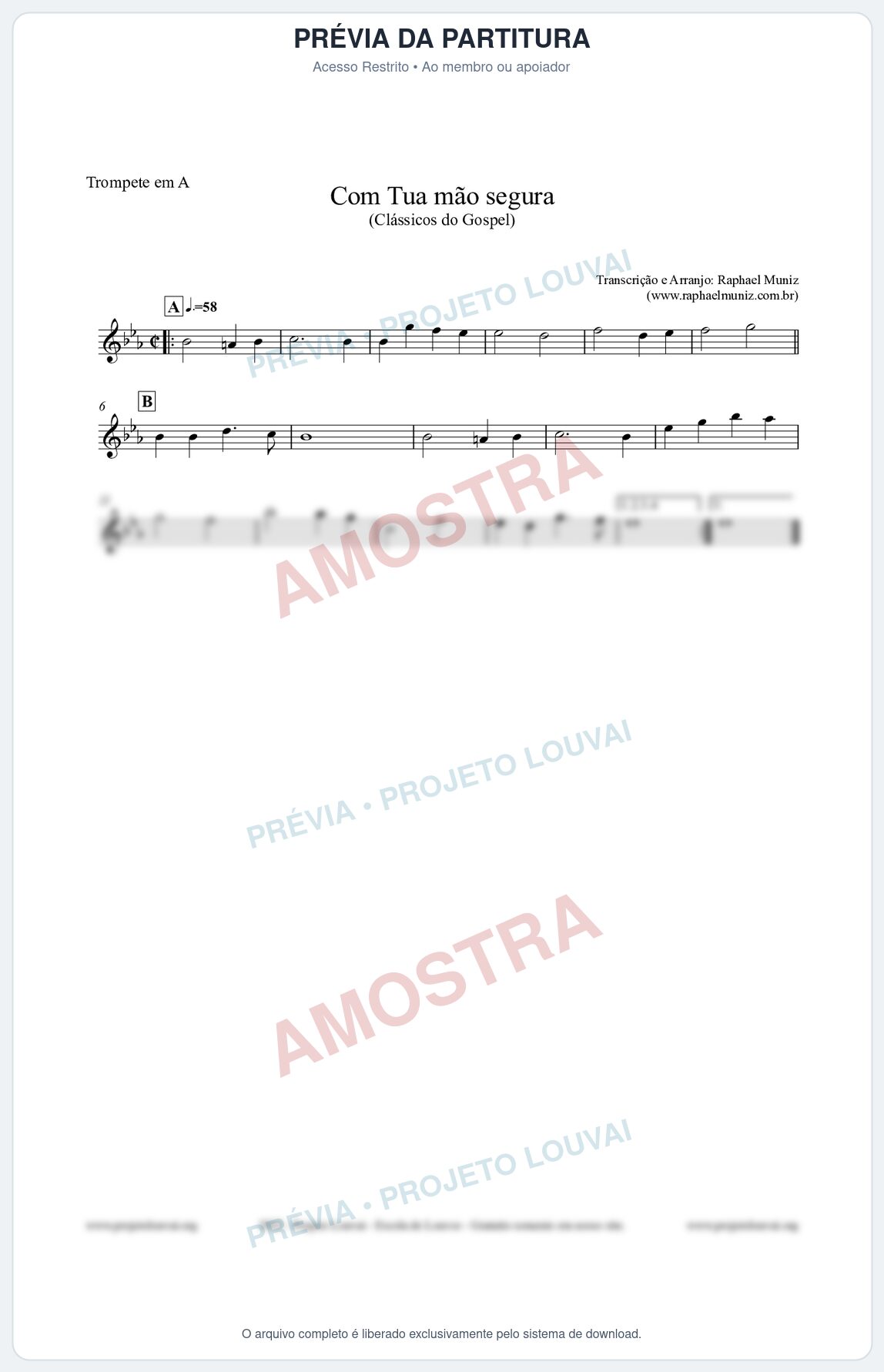 Prévia protegida da primeira página da partitura Partitura para Trompete em A - Com tua mão segura - Harpa Cristã nº33 - Clássicos do Gospel