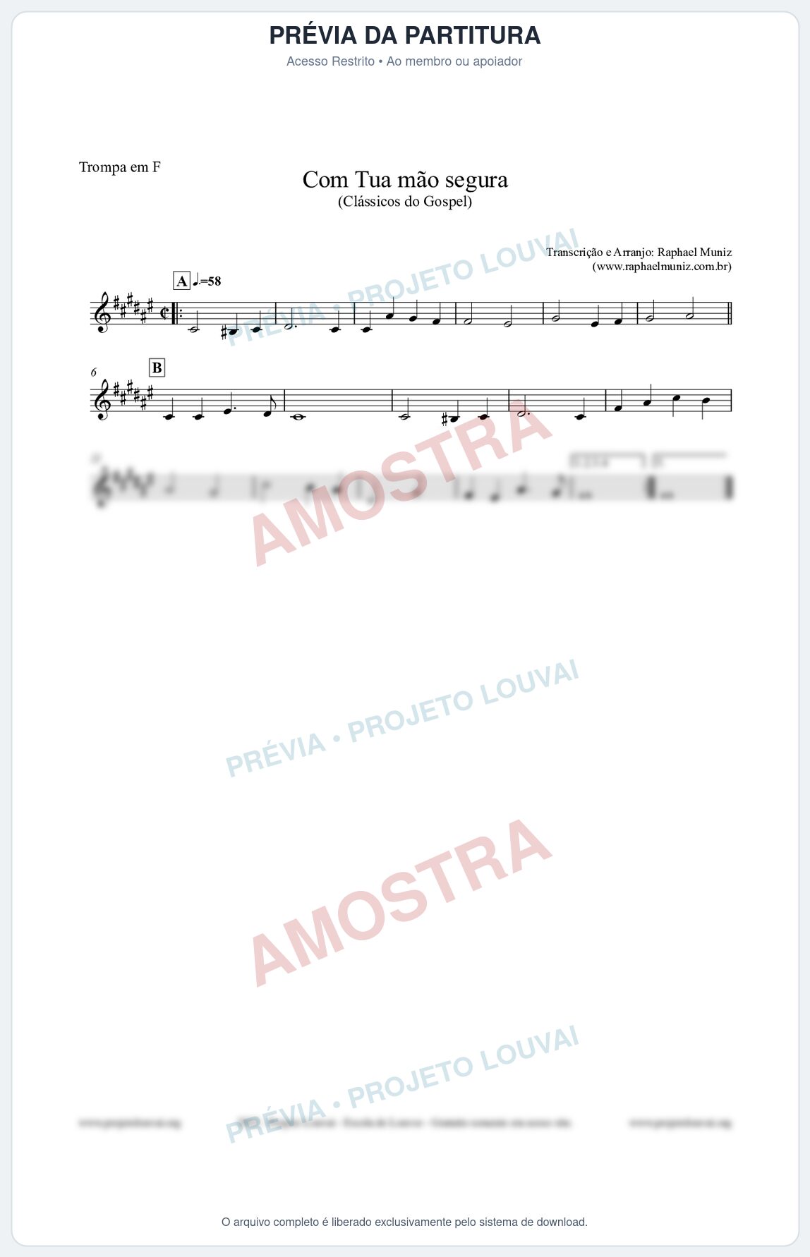 Prévia protegida da primeira página da partitura Partitura para Trompa em F - Com tua mão segura - Harpa Cristã nº33 - Clássicos do Gospel