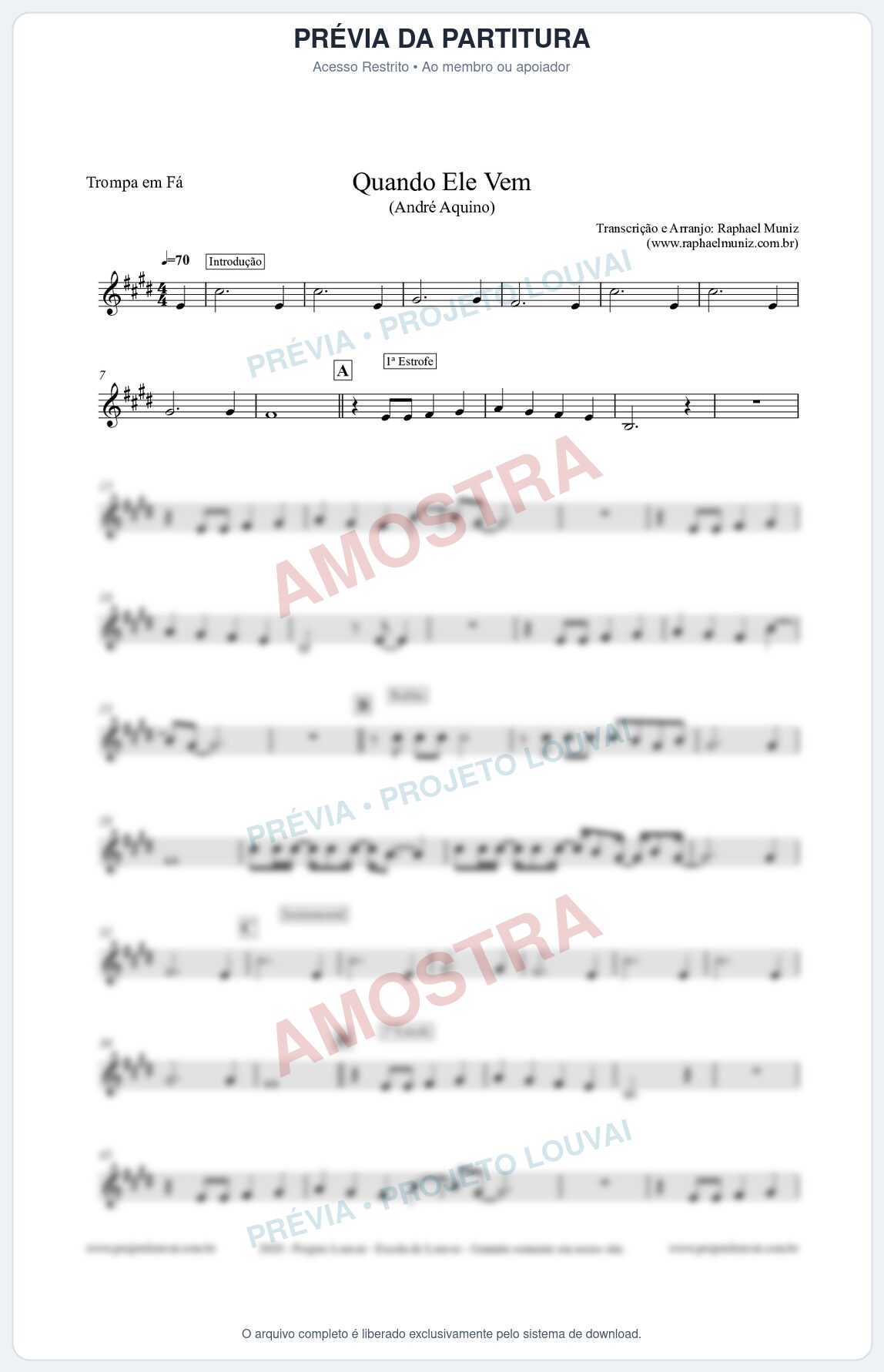 Prévia protegida da primeira página da partitura Partitura para Trompa em Fá - Quando Ele Vem - André Aquino
