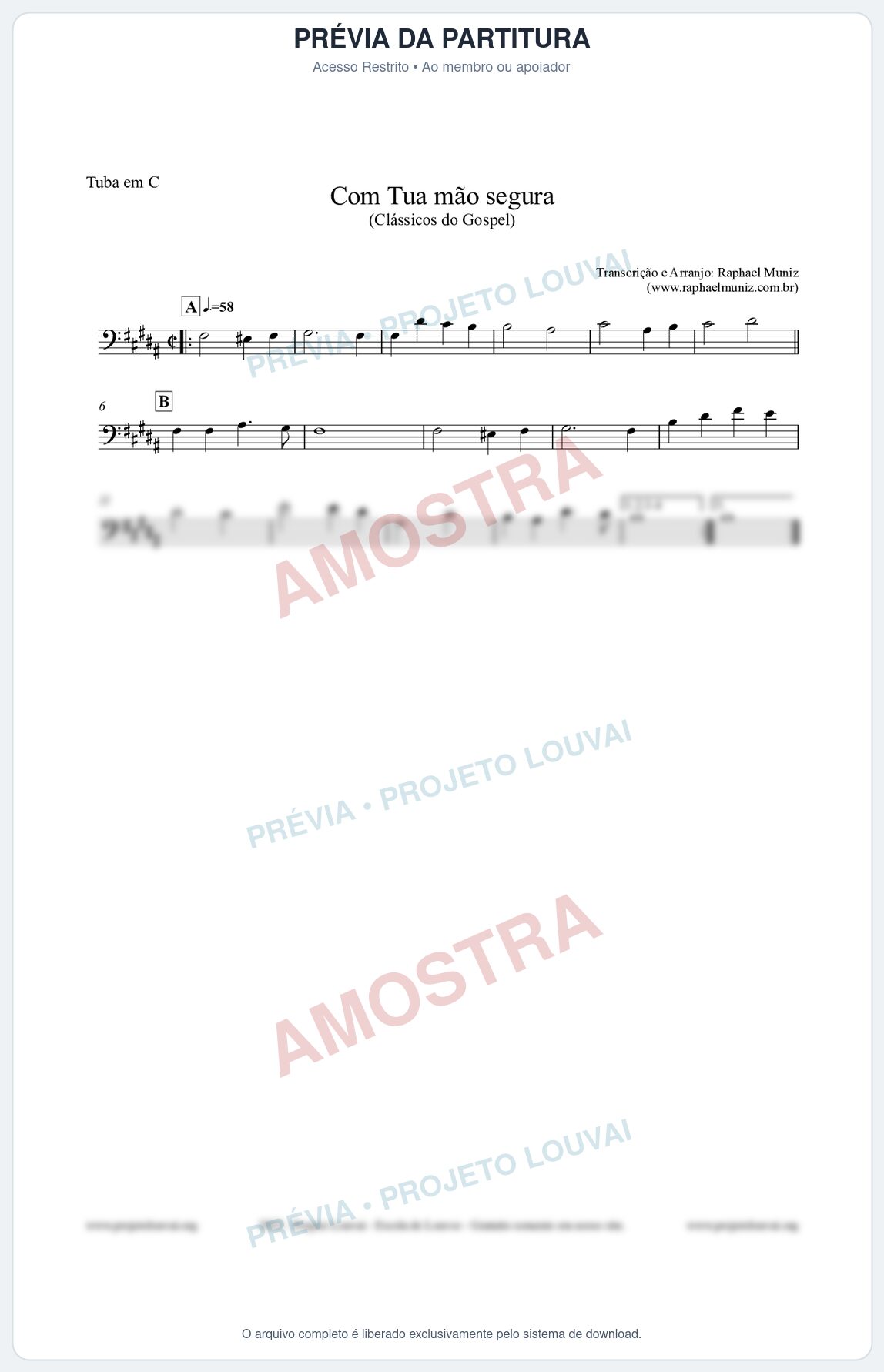 Prévia protegida da primeira página da partitura Partitura para Tuba em C - Com tua mão segura - Harpa Cristã nº33 - Clássicos do Gospel