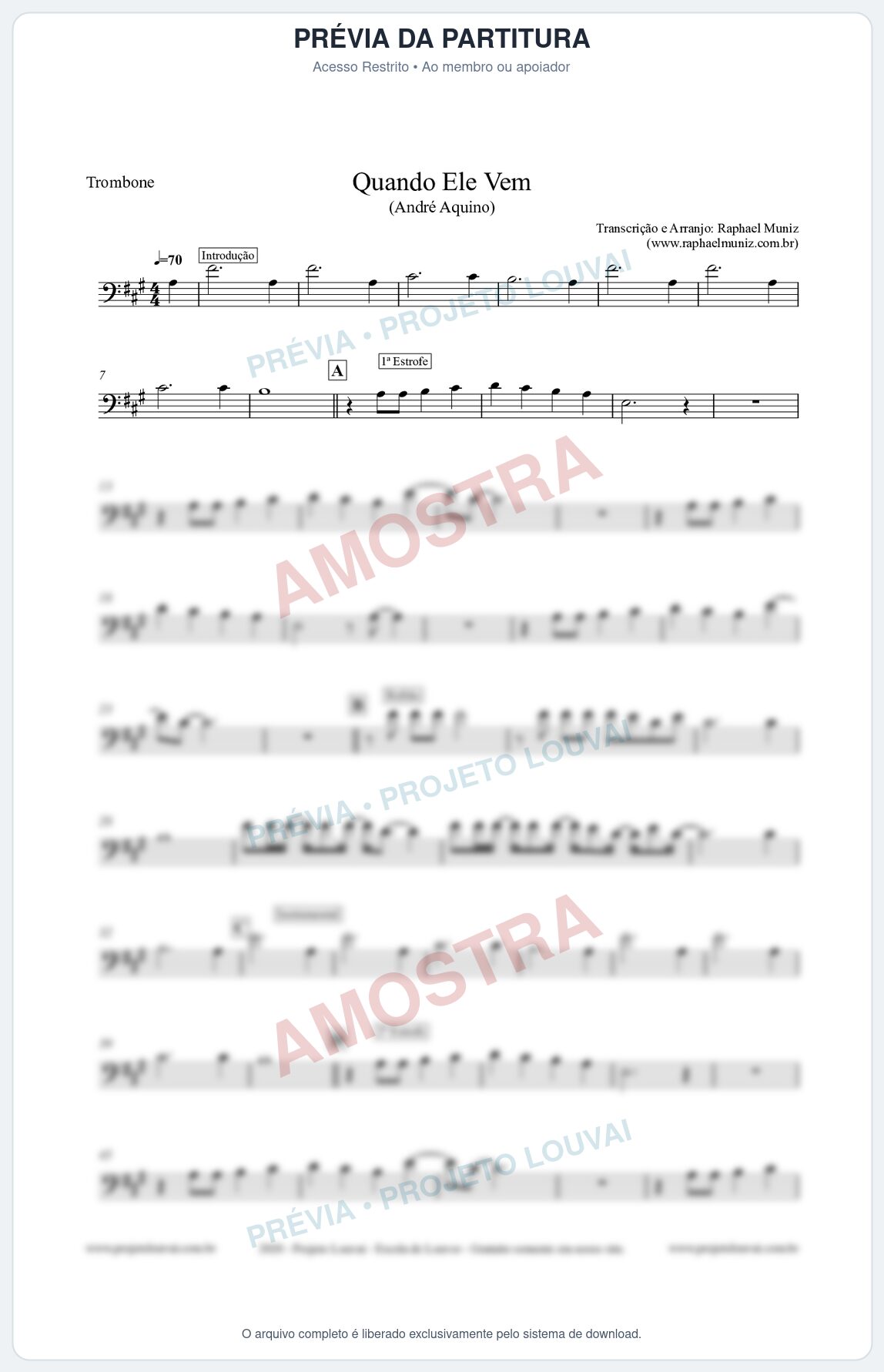Prévia protegida da primeira página da partitura Partitura para Trombone - Quando Ele Vem - André Aquino