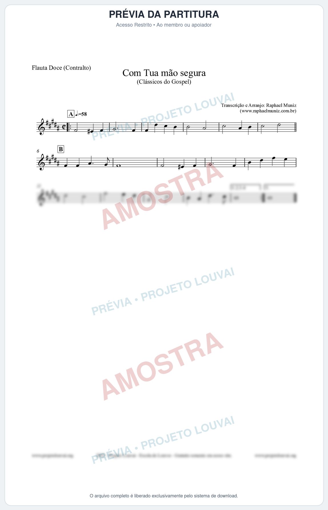 Prévia protegida da primeira página da partitura Partitura para Flauta Doce (Contralto) - Com tua mão segura - Harpa Cristã nº33 - Clássicos do Gospel