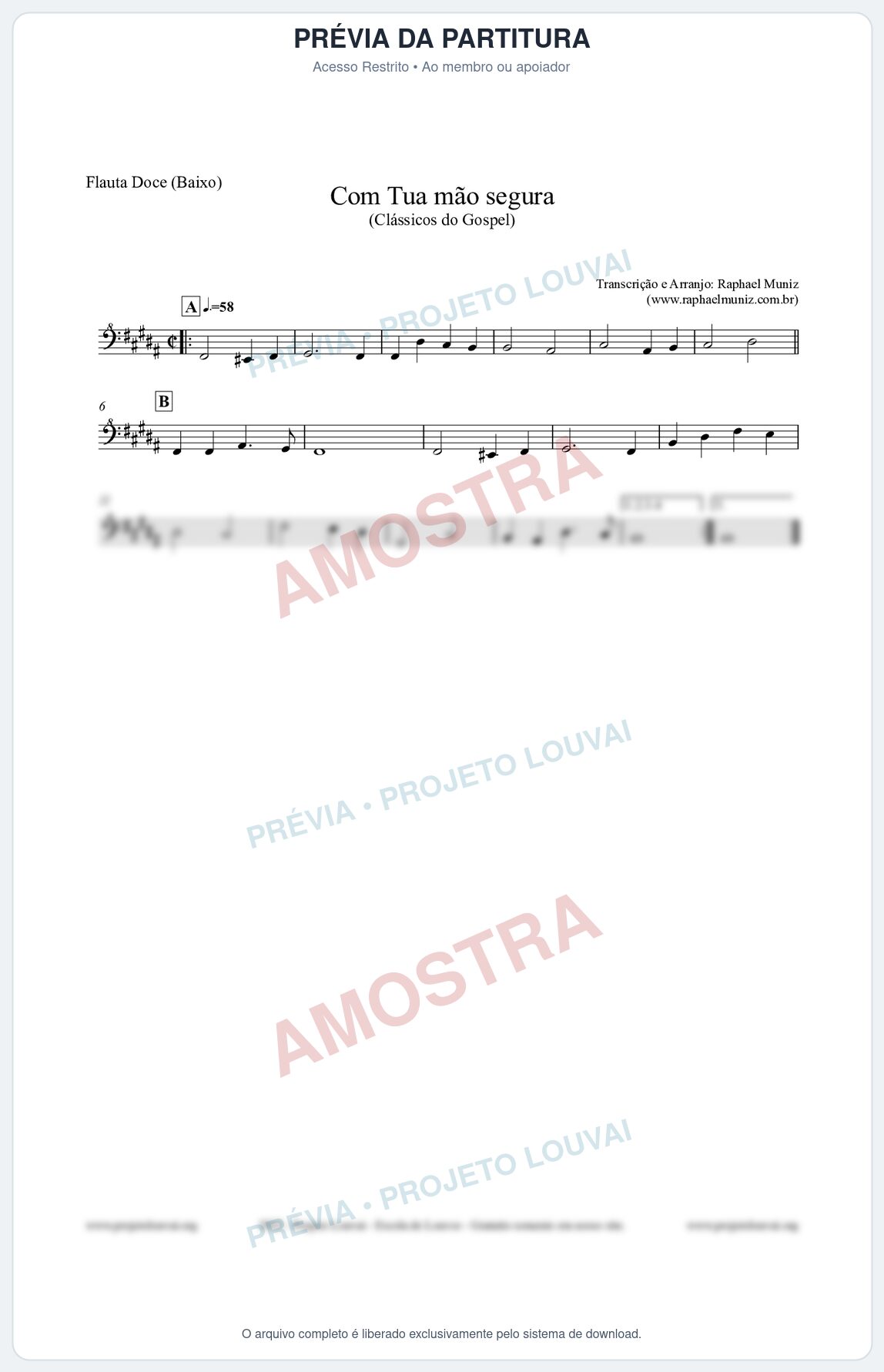 Prévia protegida da primeira página da partitura Partitura para Flauta Doce (Baixo) - Com tua mão segura - Harpa Cristã nº33 - Clássicos do Gospel
