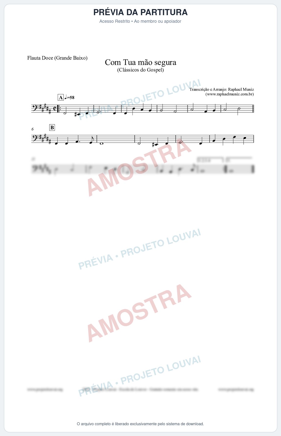 Prévia protegida da primeira página da partitura Partitura para Flauta Doce (Grande Baixo) - Com tua mão segura - Harpa Cristã nº33 - Clássicos do Gospel