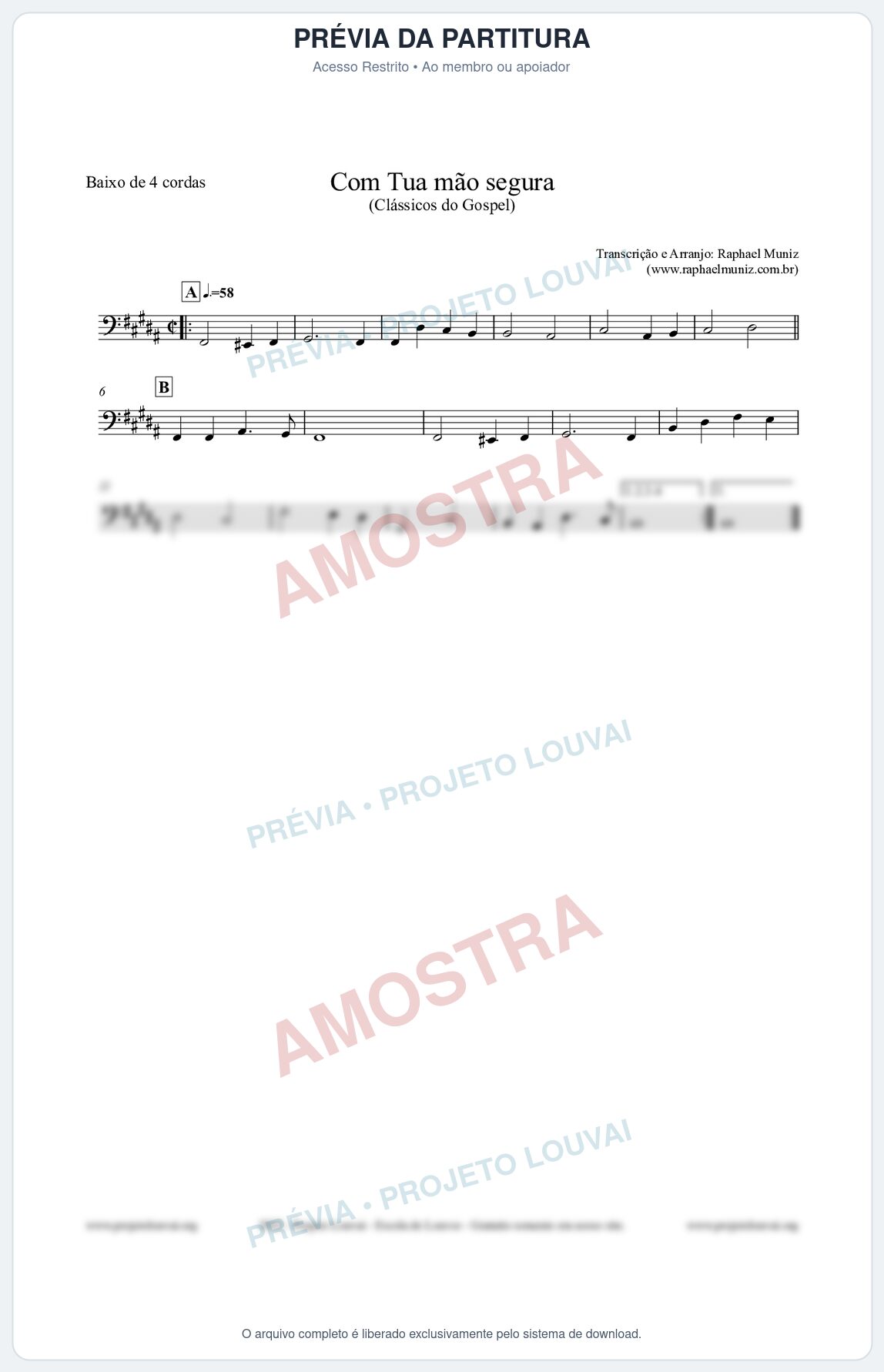 Prévia protegida da primeira página da partitura Partitura para Baixo de 4 cordas - Com tua mão segura - Harpa Cristã nº33 - Clássicos do Gospel