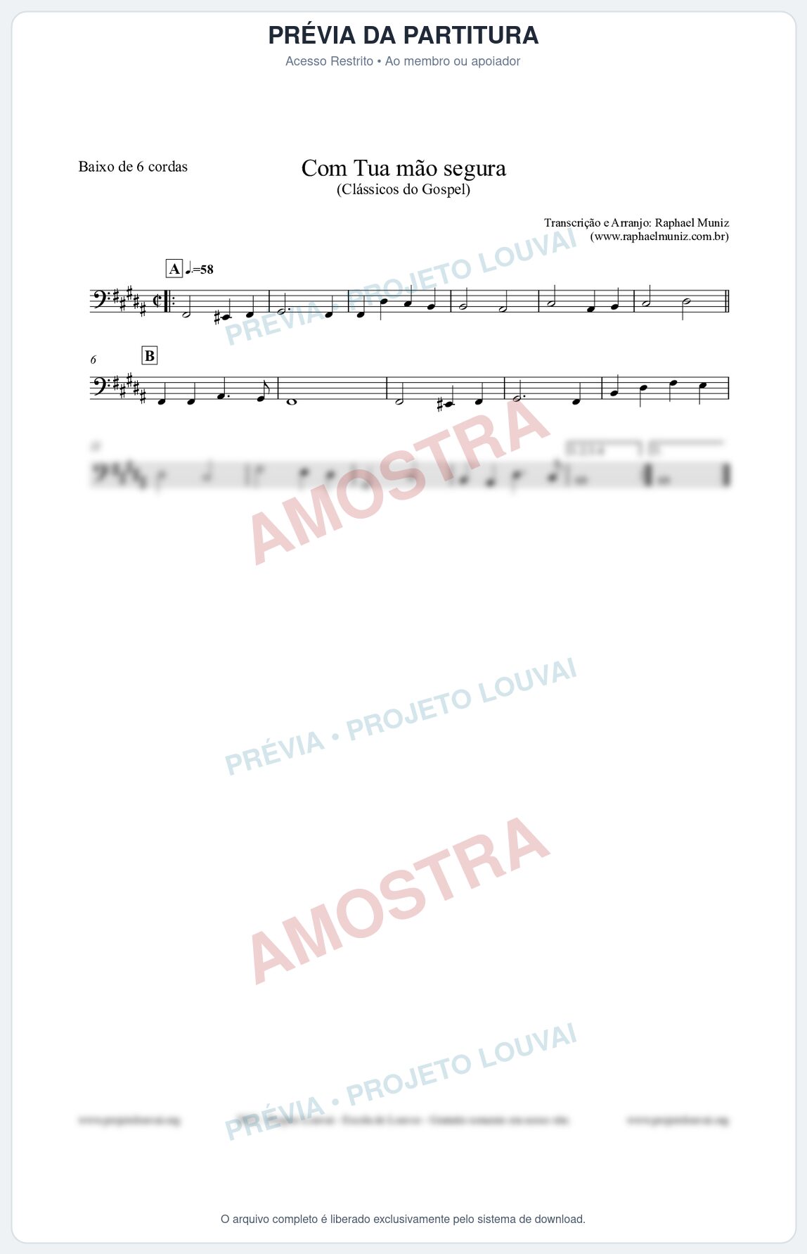 Prévia protegida da primeira página da partitura Partitura para Baixo de 6 cordas - Com tua mão segura - Harpa Cristã nº33 - Clássicos do Gospel