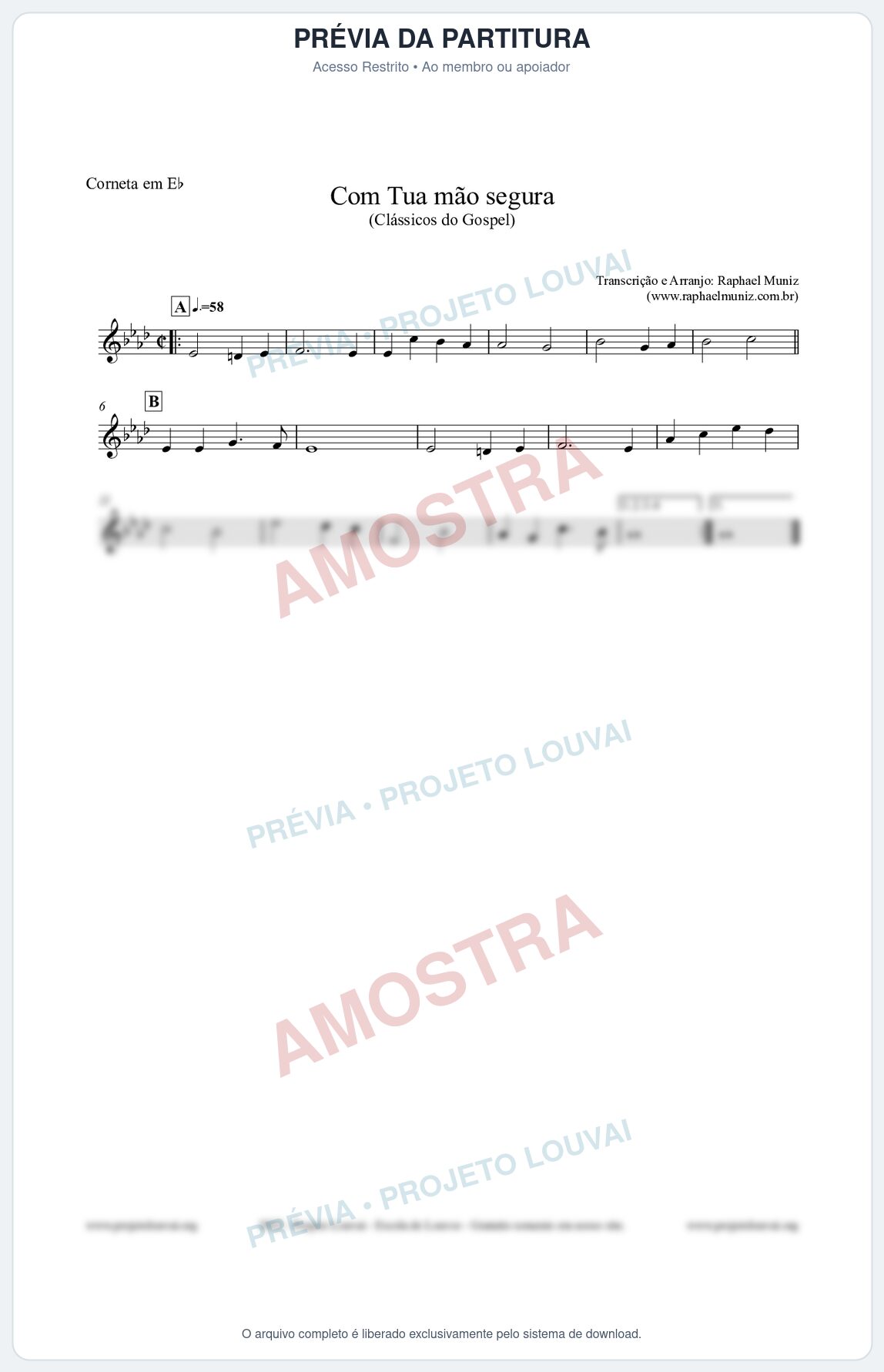 Prévia protegida da primeira página da partitura Partitura para Corneta em Eb - Com tua mão segura - Harpa Cristã nº33 - Clássicos do Gospel