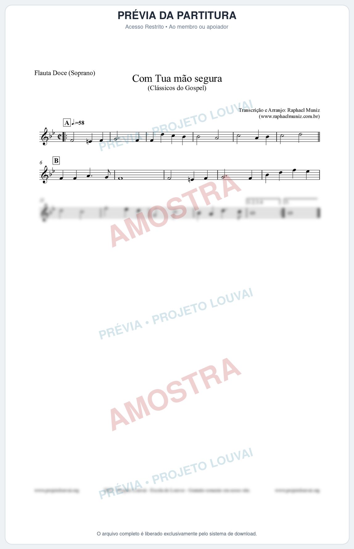 Prévia protegida da primeira página da partitura Partitura para Flauta Doce (Soprano) - Com tua mão segura - Harpa Cristã nº33 - Clássicos do Gospel