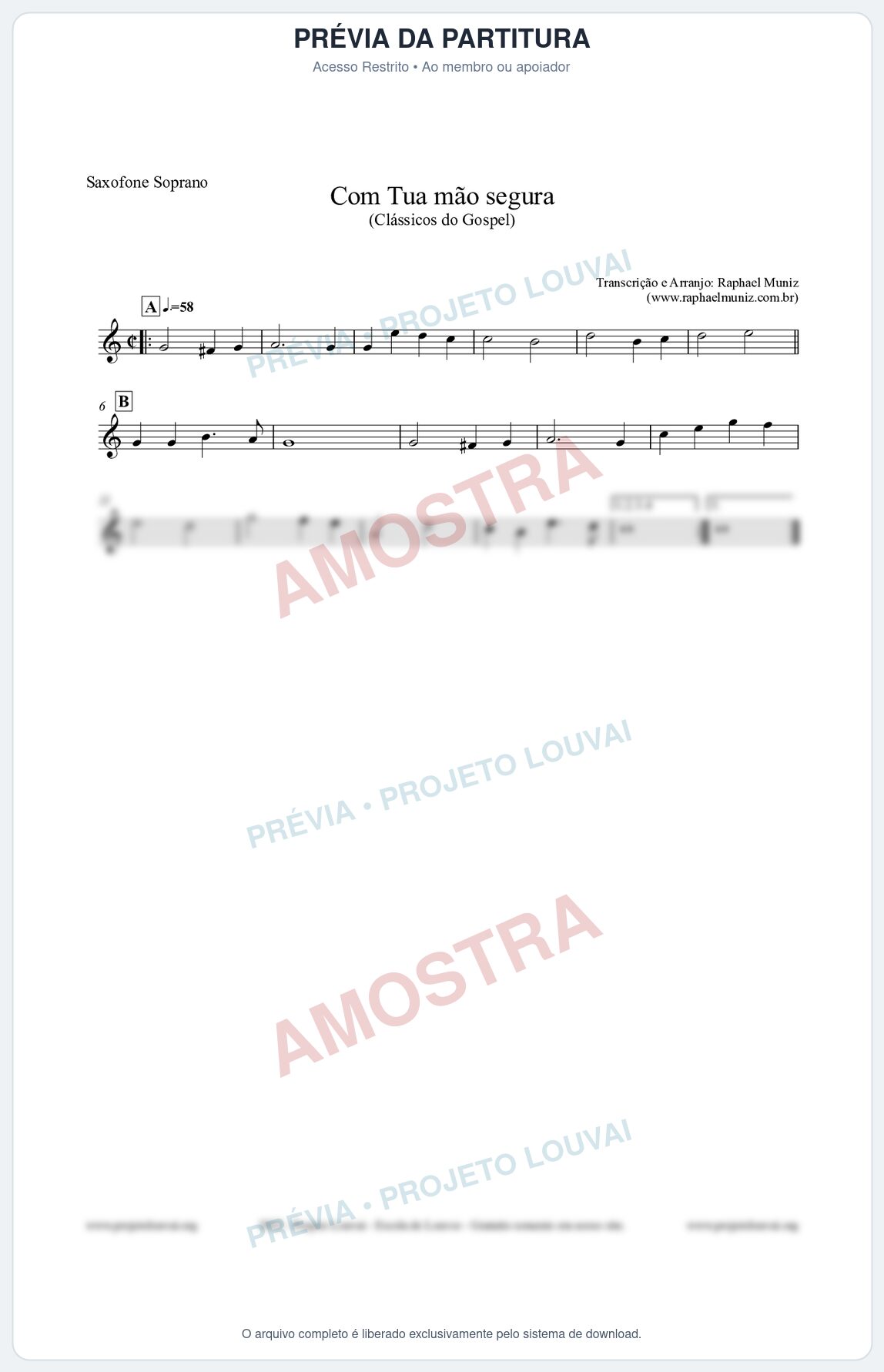 Prévia protegida da primeira página da partitura Partitura para Saxofone Soprano - Com tua mão segura - Harpa Cristã nº33 - Clássicos do Gospel