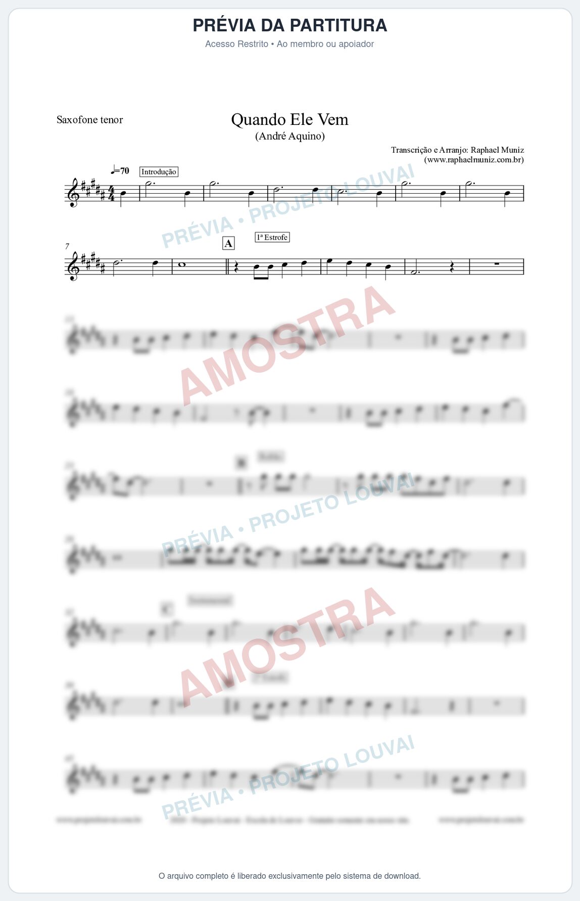 Prévia protegida da primeira página da partitura Partitura para Saxofone Tenor - Quando Ele Vem - André Aquino