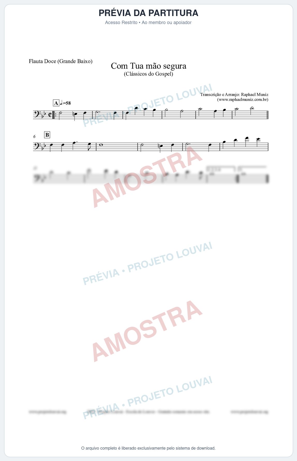Prévia protegida da primeira página da partitura Partitura para Flauta Doce (Grande Baixo) - Com tua mão segura - Harpa Cristã nº33 - Clássicos do Gospel