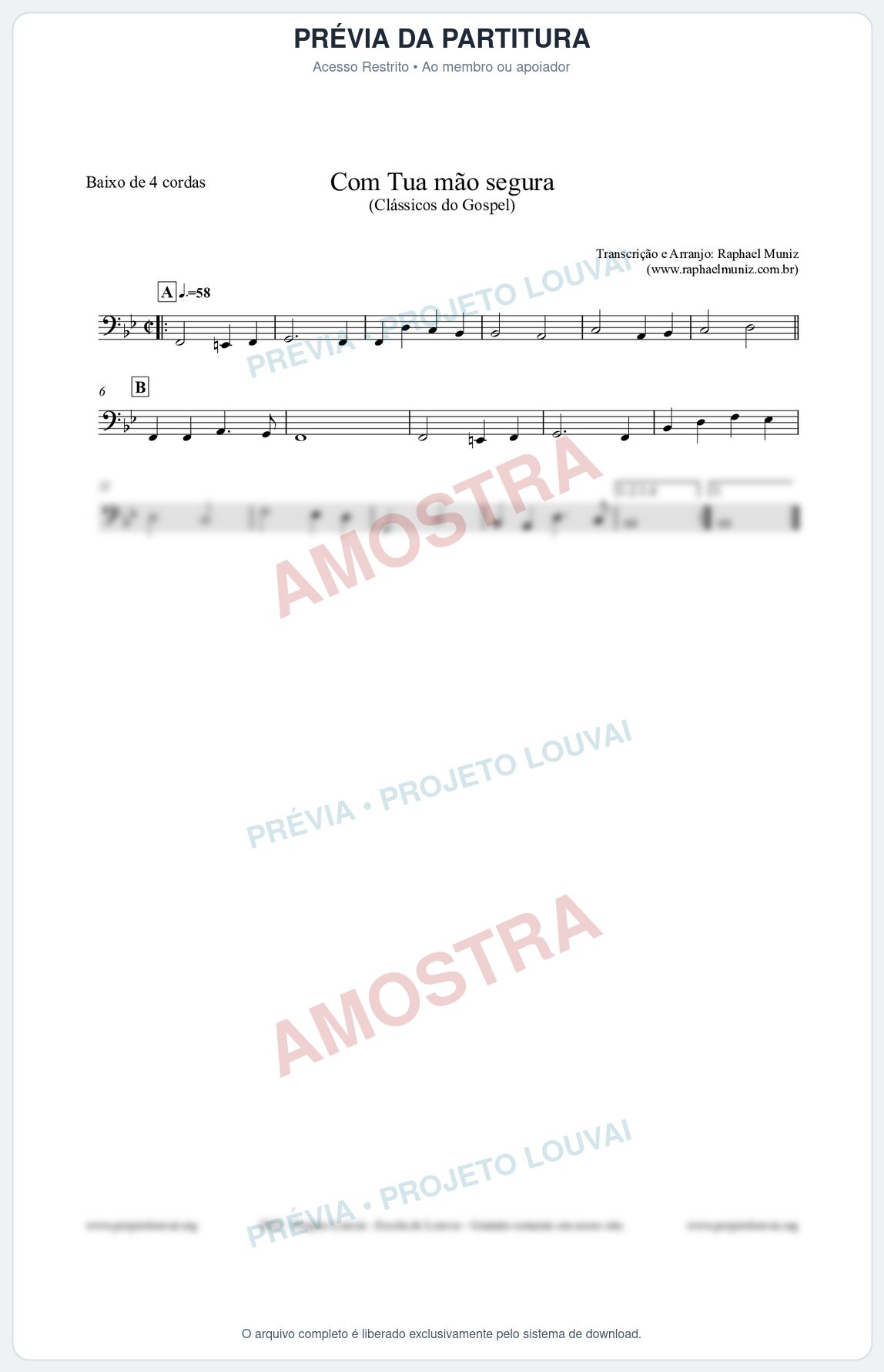 Prévia protegida da primeira página da partitura Partitura para Baixo de 4 cordas - Com tua mão segura - Harpa Cristã nº33 - Clássicos do Gospel