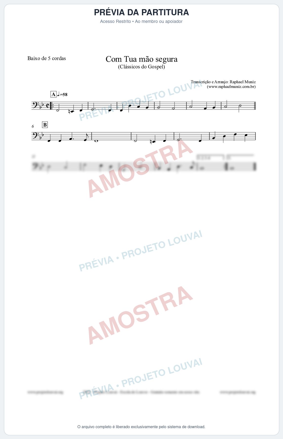 Prévia protegida da primeira página da partitura Partitura para Baixo de 5 cordas - Com tua mão segura - Harpa Cristã nº33 - Clássicos do Gospel
