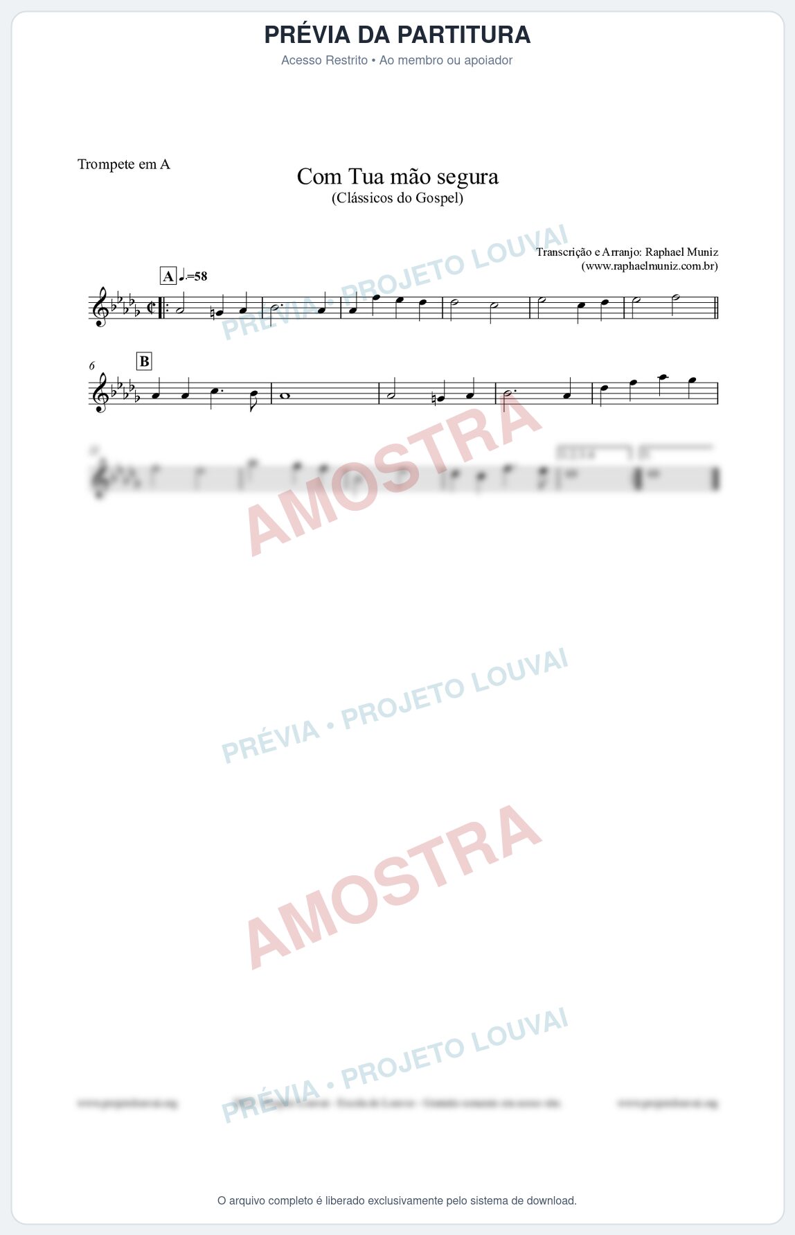 Prévia protegida da primeira página da partitura Partitura para Trompete em A - Com tua mão segura - Harpa Cristã nº33 - Clássicos do Gospel