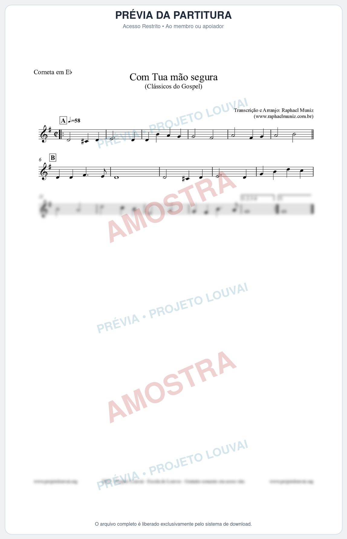 Prévia protegida da primeira página da partitura Partitura para Corneta em Eb - Com tua mão segura - Harpa Cristã nº33 - Clássicos do Gospel