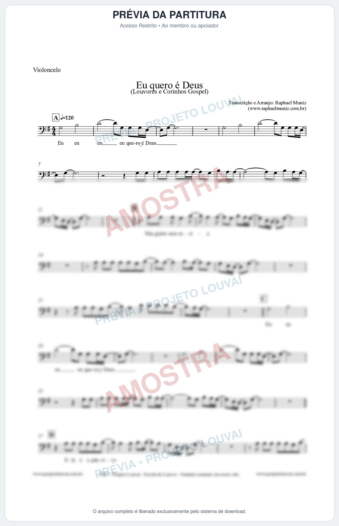 Prévia protegida da primeira página da partitura Partitura para Violoncelo - Eu quero é Deus - Louvores e Corinhos Gospel