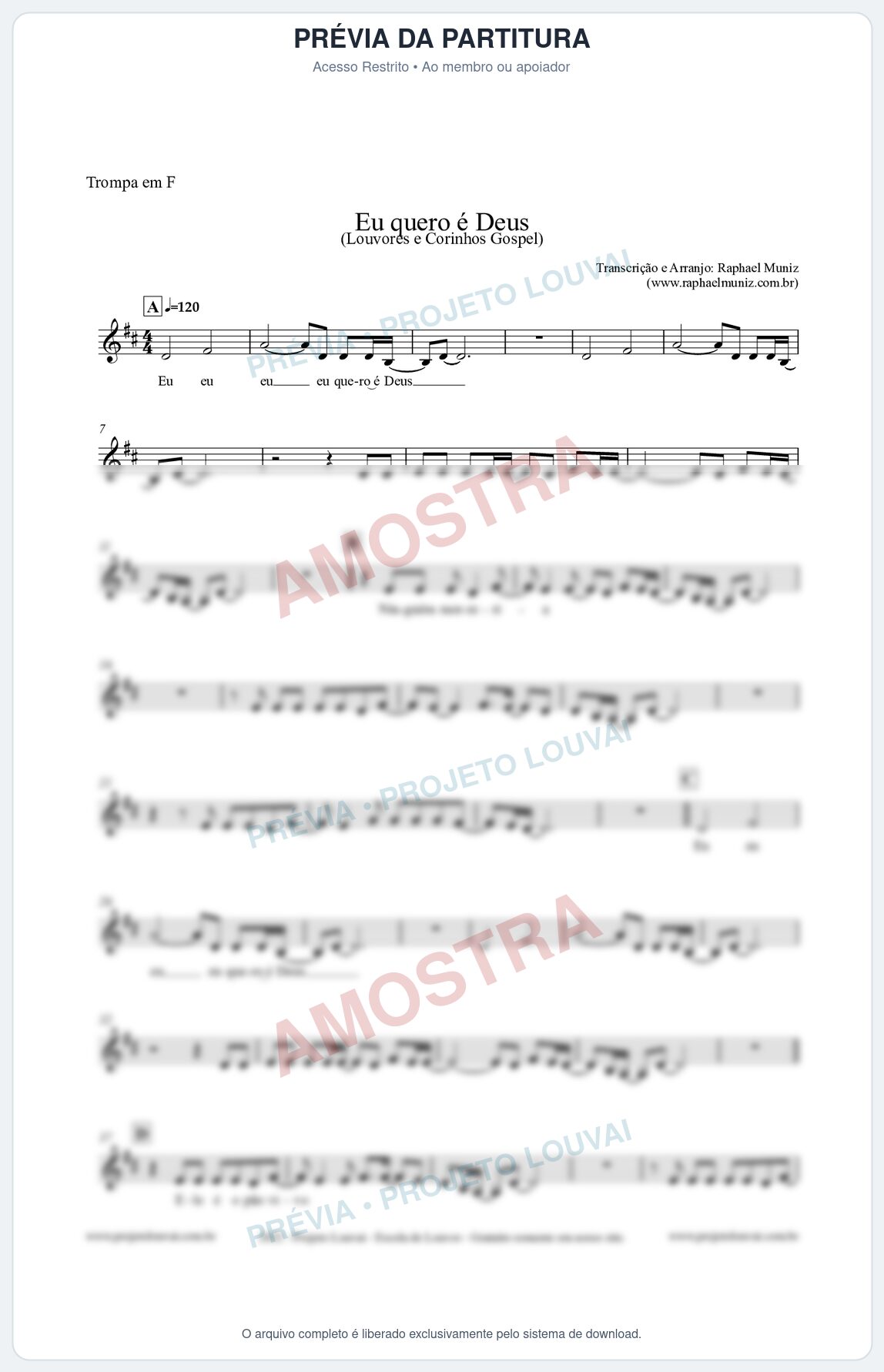 Prévia protegida da primeira página da partitura Partitura para Trompa em F - Eu quero é Deus - Louvores e Corinhos Gospel