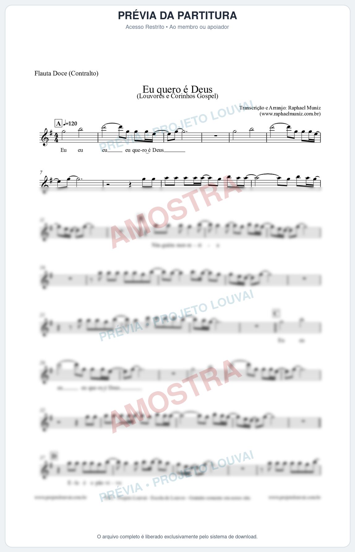 Prévia protegida da primeira página da partitura Partitura para Flauta Doce (Contralto) - Eu quero é Deus - Louvores e Corinhos Gospel