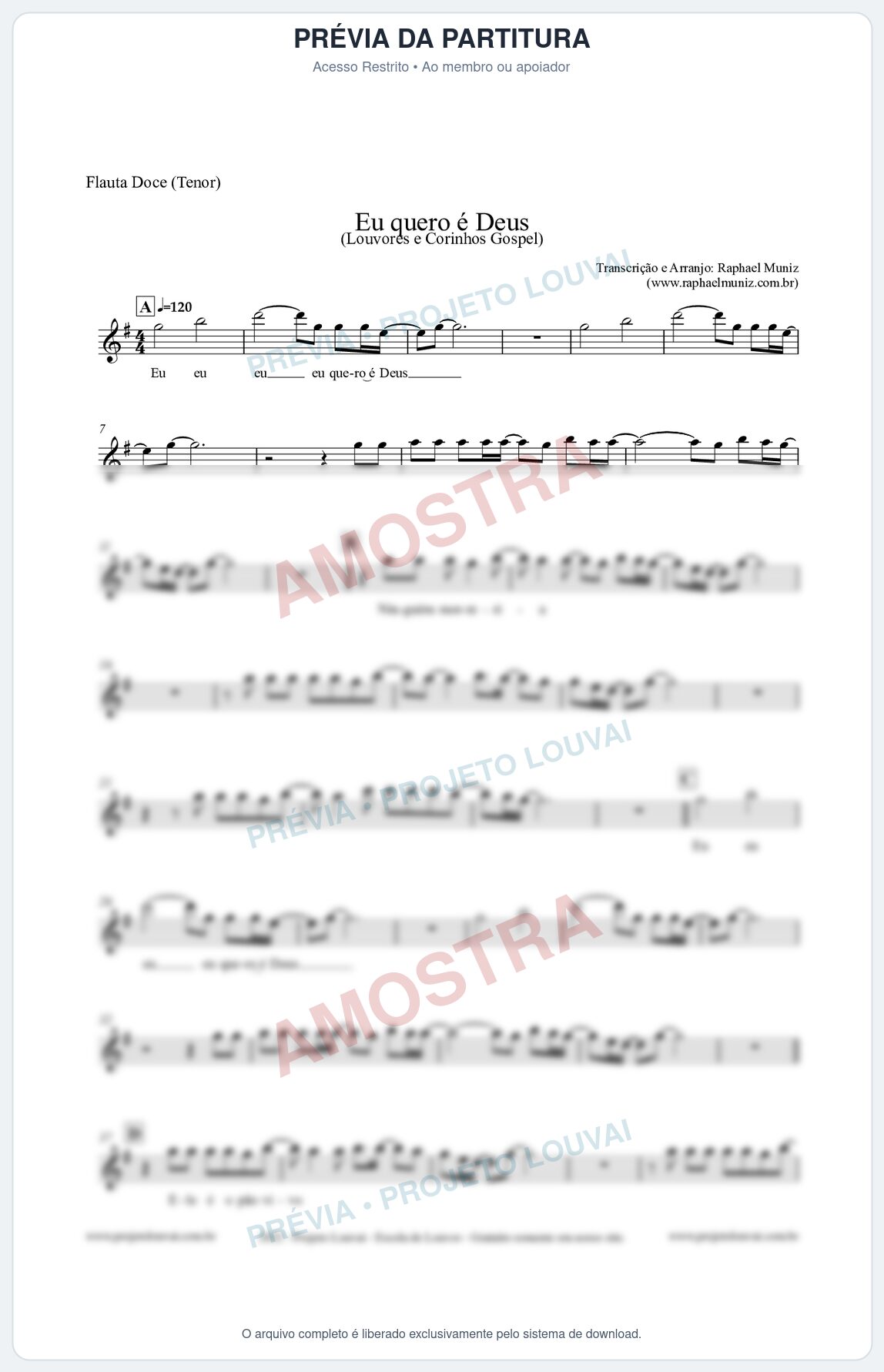 Prévia protegida da primeira página da partitura Partitura para Flauta Doce (Tenor) - Eu quero é Deus - Louvores e Corinhos Gospel