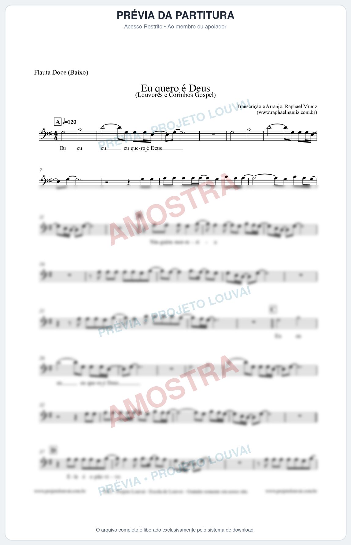 Prévia protegida da primeira página da partitura Partitura para Flauta Doce (Baixo) - Eu quero é Deus - Louvores e Corinhos Gospel