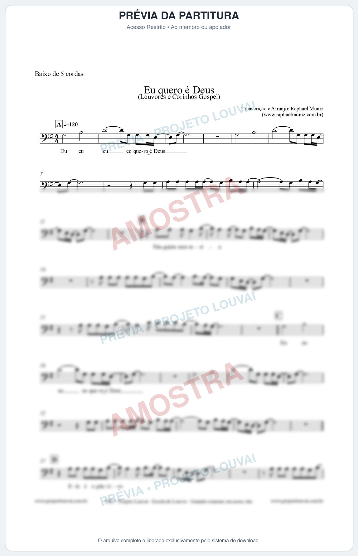 Prévia protegida da primeira página da partitura Partitura para Baixo de 5 cordas - Eu quero é Deus - Louvores e Corinhos Gospel