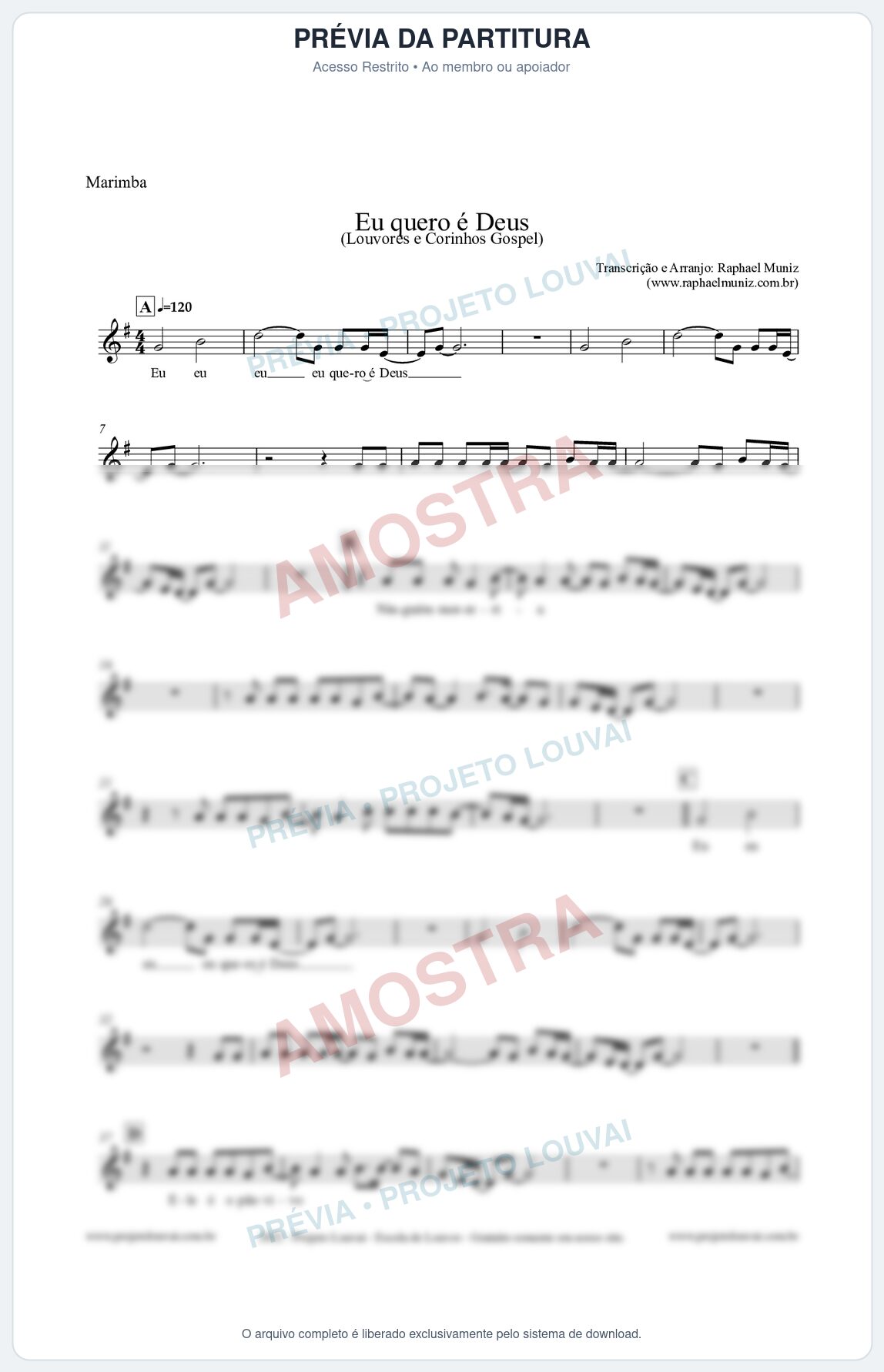 Prévia protegida da primeira página da partitura Partitura para Marimba - Eu quero é Deus - Louvores e Corinhos Gospel