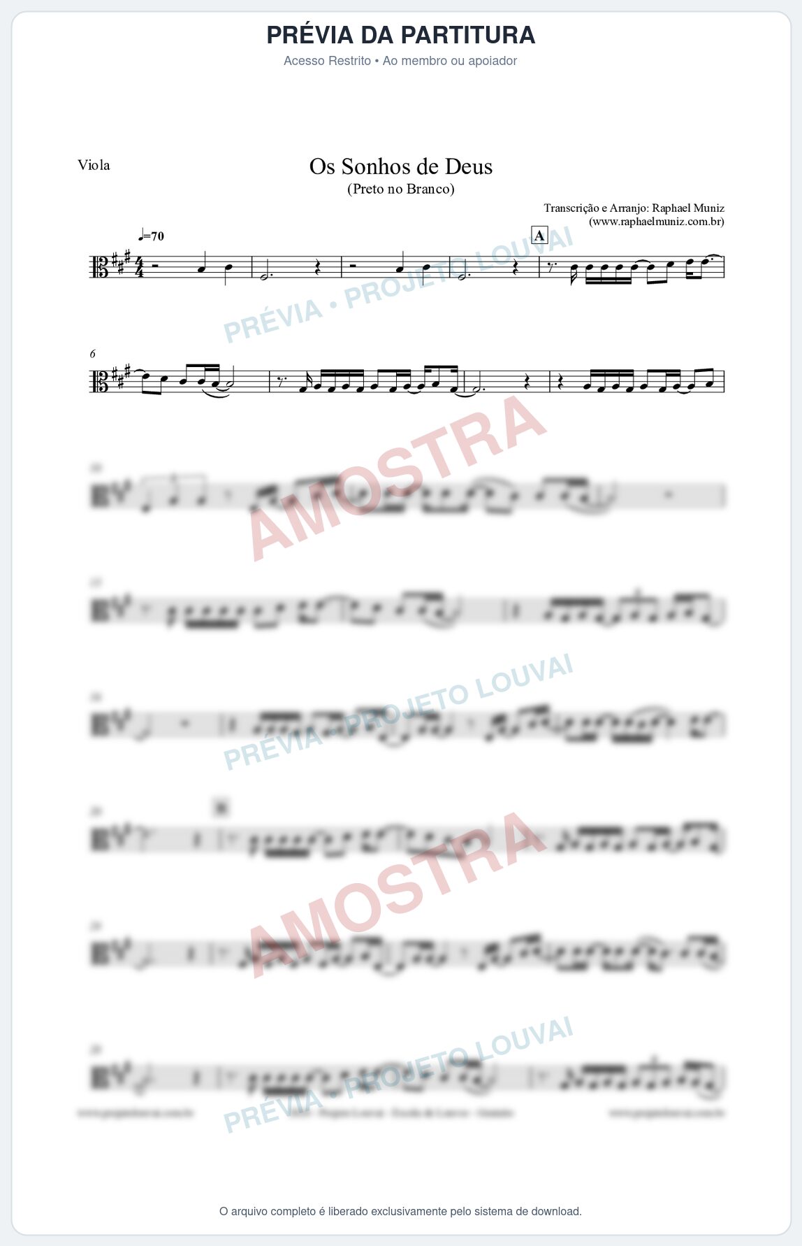 Prévia protegida da primeira página da partitura Partitura para Viola - Os Sonhos de Deus - Preto no Branco