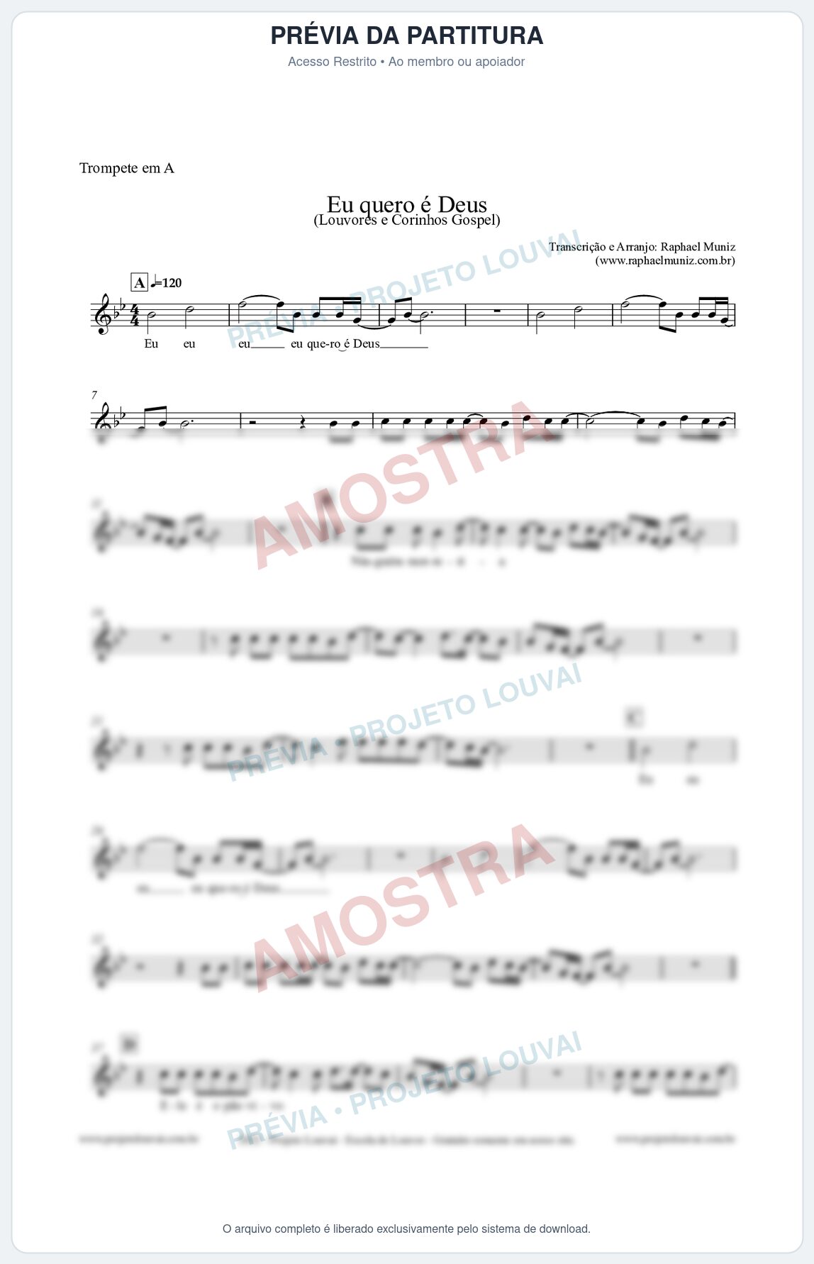 Prévia protegida da primeira página da partitura Partitura para Trompete em A - Eu quero é Deus - Louvores e Corinhos Gospel