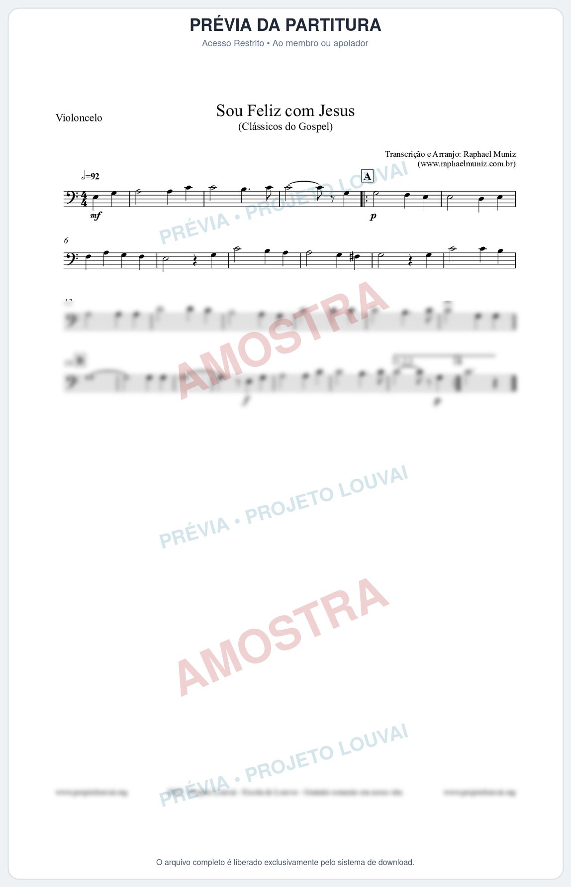 Prévia protegida da primeira página da partitura Partitura para Violoncelo - Sou Feliz com Jesus - HCC nº329 - Clássicos do Gospel