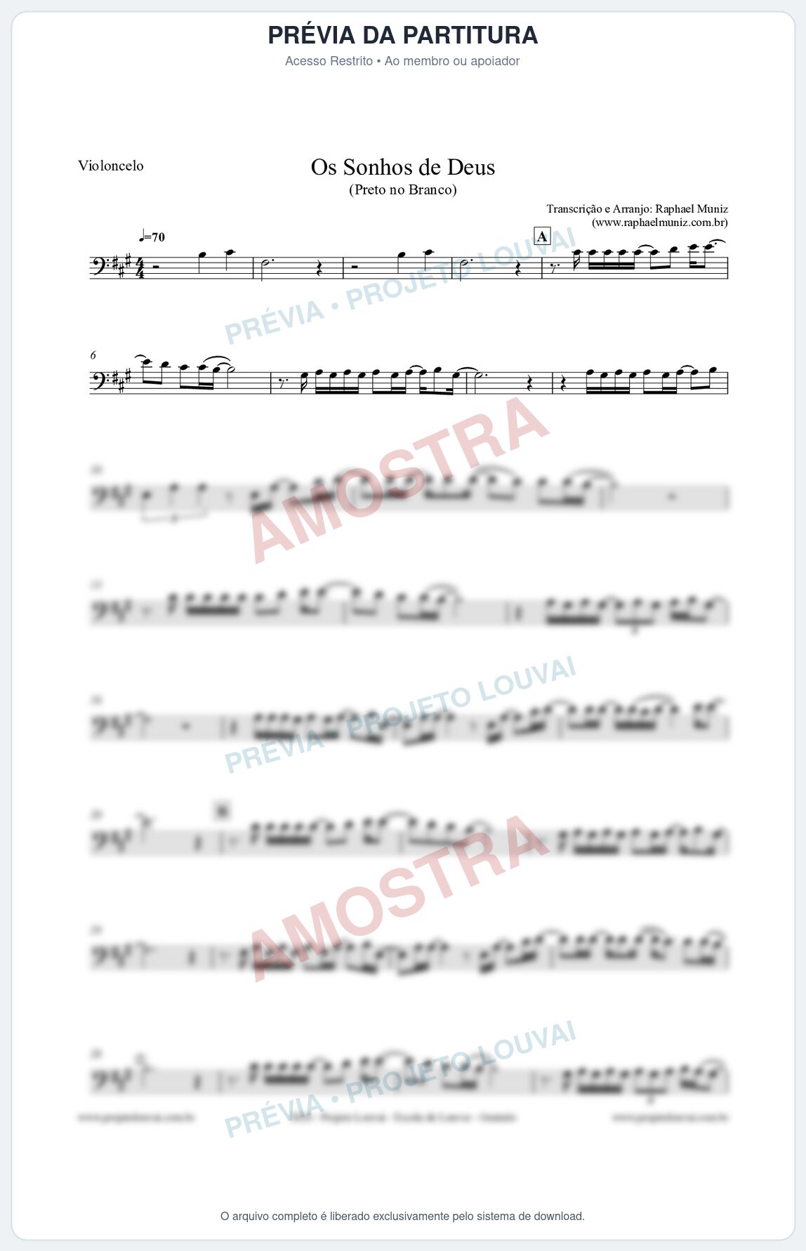 Prévia protegida da primeira página da partitura Partitura para Violoncelo - Os Sonhos de Deus - Preto no Branco