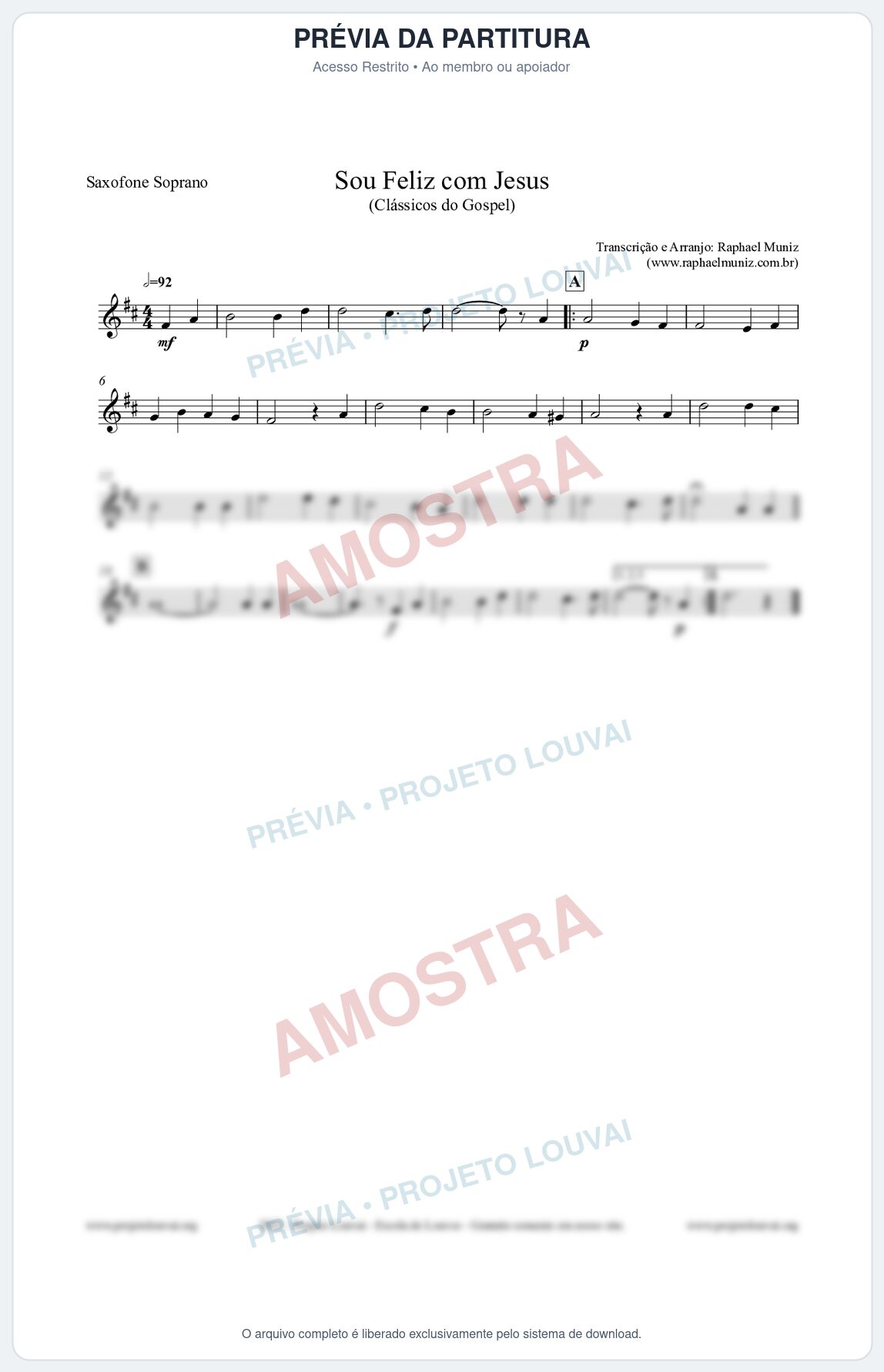 Prévia protegida da primeira página da partitura Partitura para Saxofone Soprano - Sou Feliz com Jesus - HCC nº329 - Clássicos do Gospel