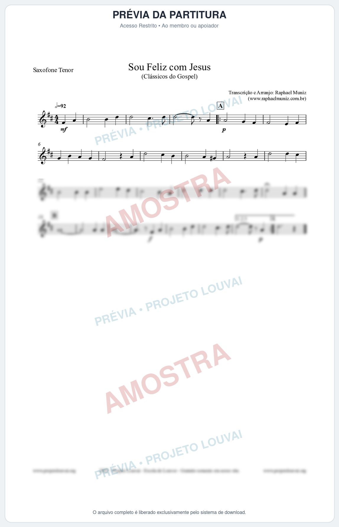 Prévia protegida da primeira página da partitura Partitura para Saxofone Tenor - Sou Feliz com Jesus - HCC nº329 - Clássicos do Gospel