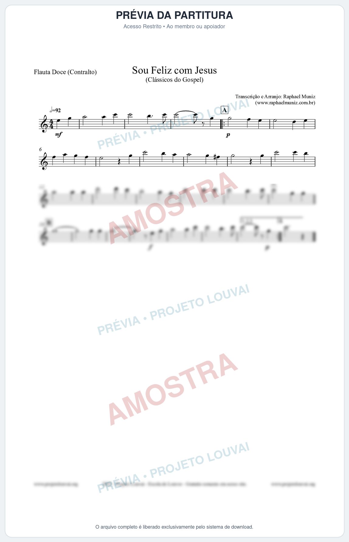 Prévia protegida da primeira página da partitura Partitura para Flauta Doce (Contralto) - Sou Feliz com Jesus - HCC nº329 - Clássicos do Gospel