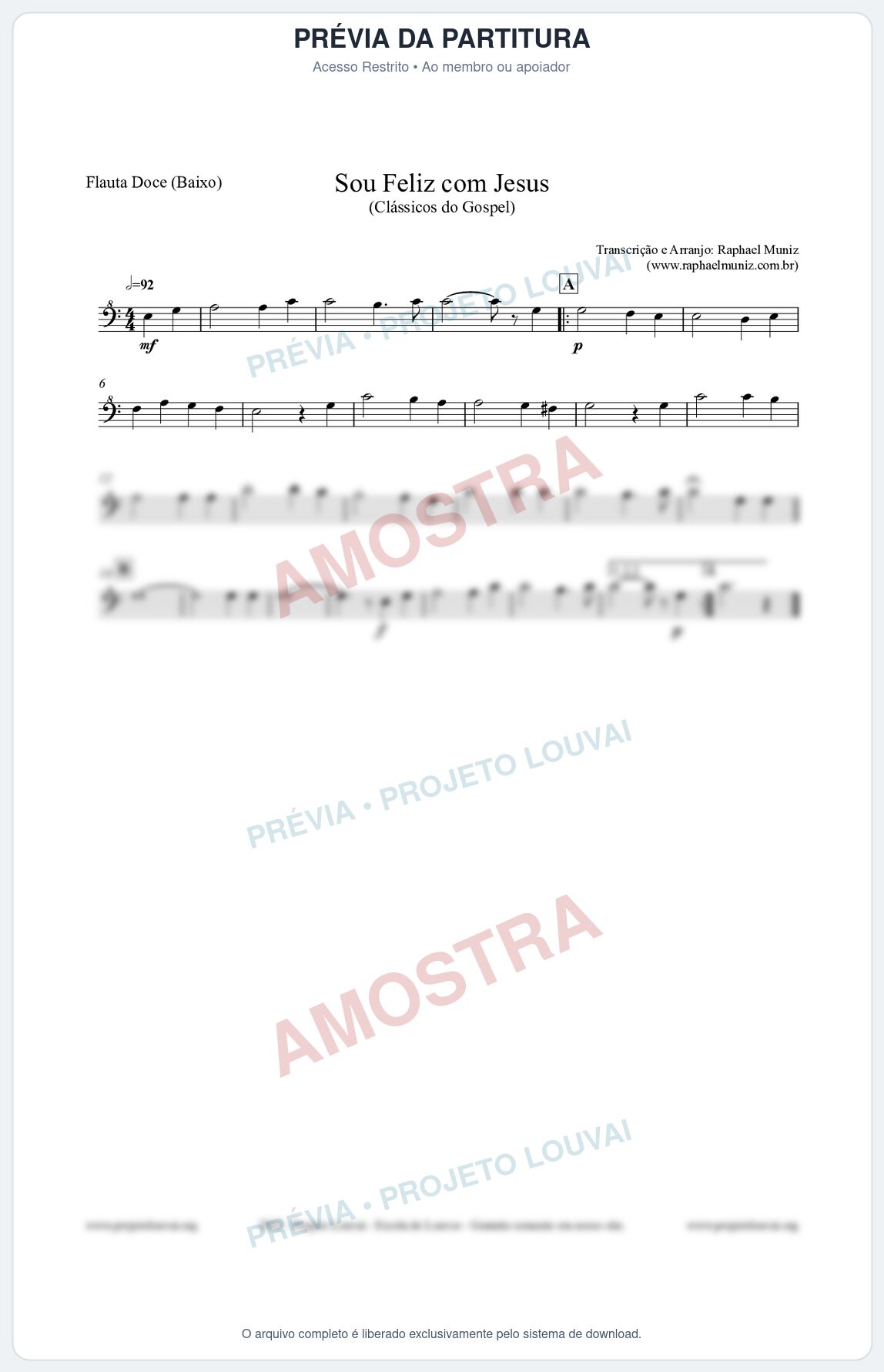 Prévia protegida da primeira página da partitura Partitura para Flauta Doce (Baixo) - Sou Feliz com Jesus - HCC nº329 - Clássicos do Gospel