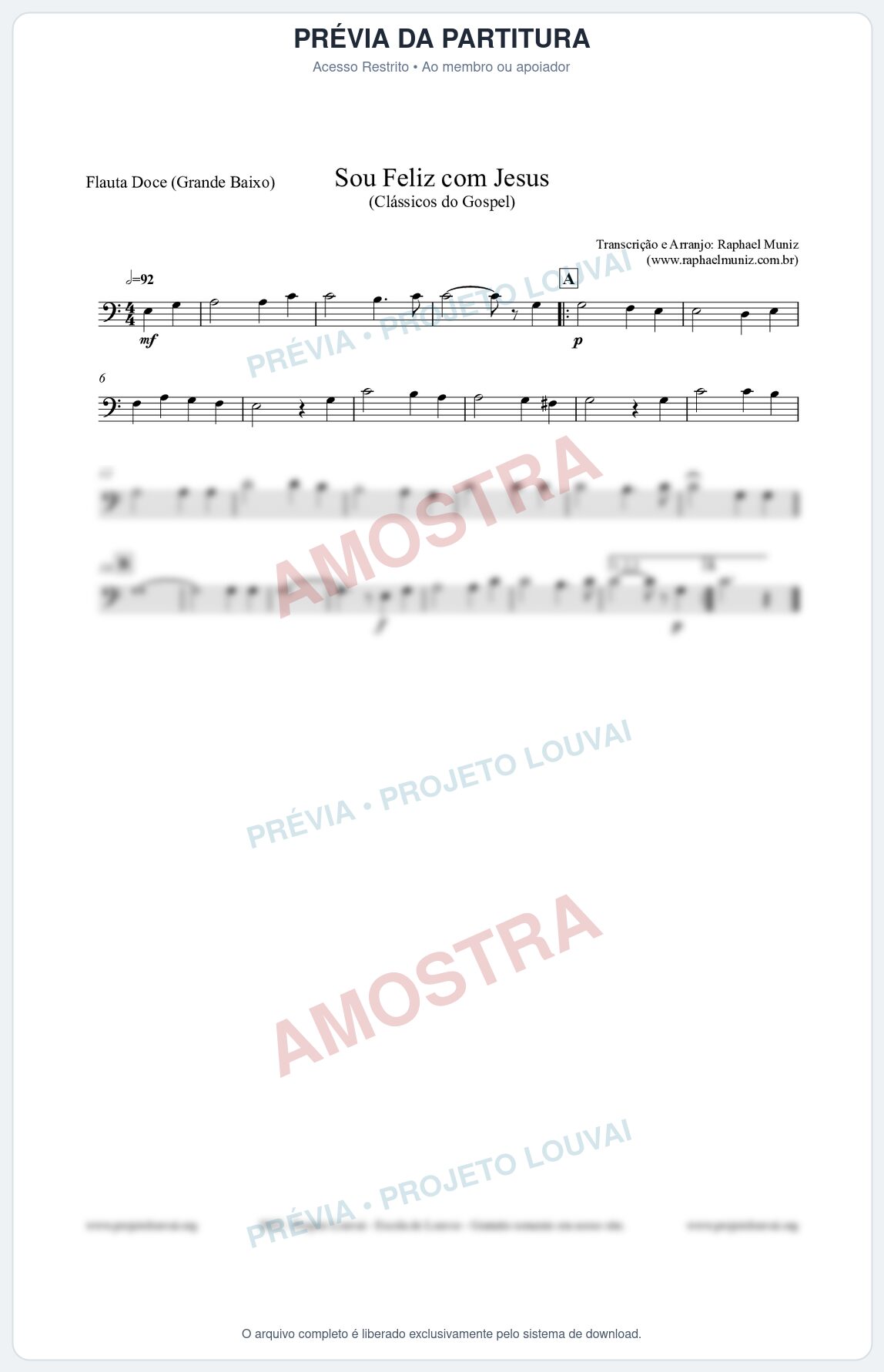 Prévia protegida da primeira página da partitura Partitura para Flauta Doce (Grande Baixo) - Sou Feliz com Jesus - HCC nº329 - Clássicos do Gospel