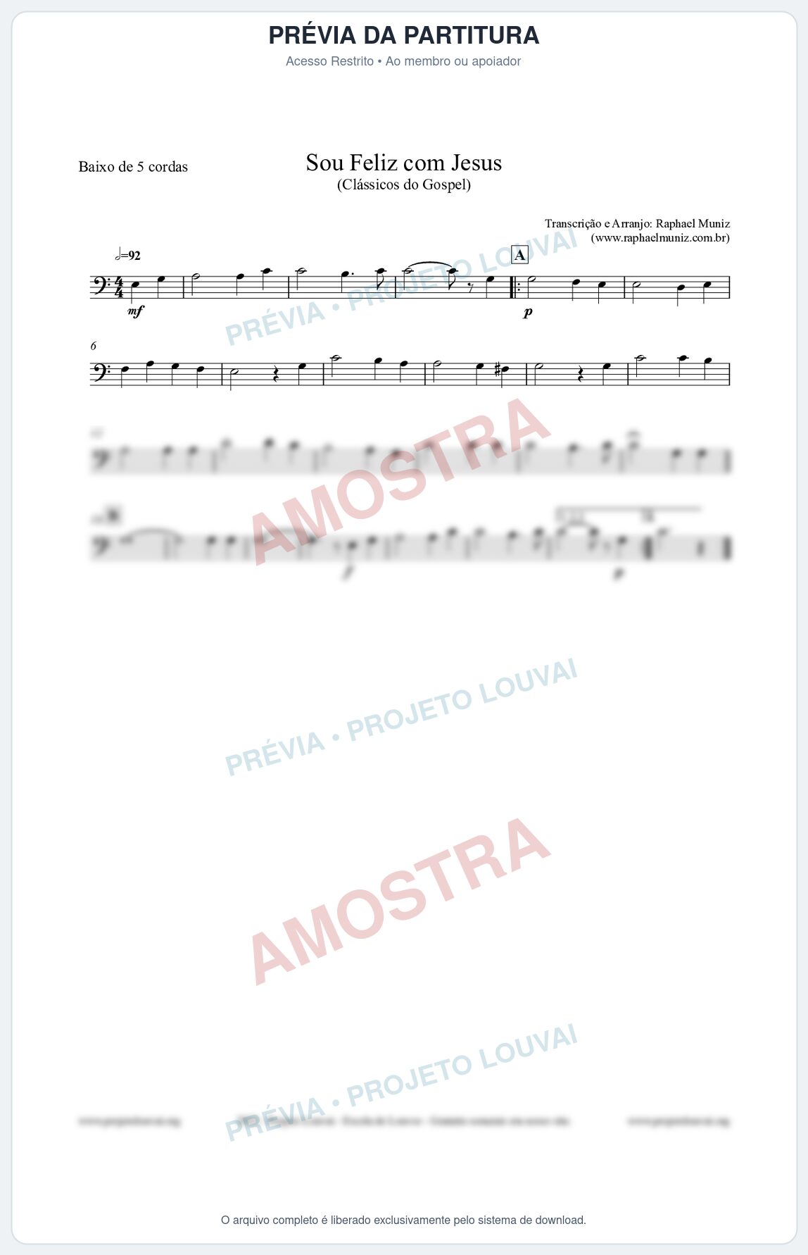 Prévia protegida da primeira página da partitura Partitura para Baixo de 5 cordas - Sou Feliz com Jesus - HCC nº329 - Clássicos do Gospel