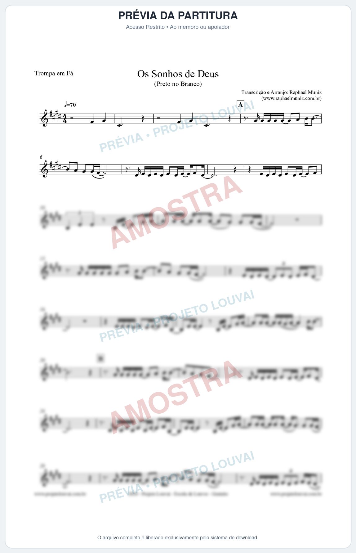 Prévia protegida da primeira página da partitura Partitura para Trompa em Fá - Os Sonhos de Deus - Preto no Branco