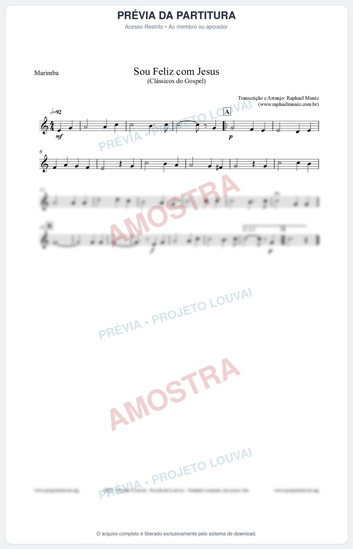 Prévia protegida da primeira página da partitura Partitura para Marimba - Sou Feliz com Jesus - HCC nº329 - Clássicos do Gospel