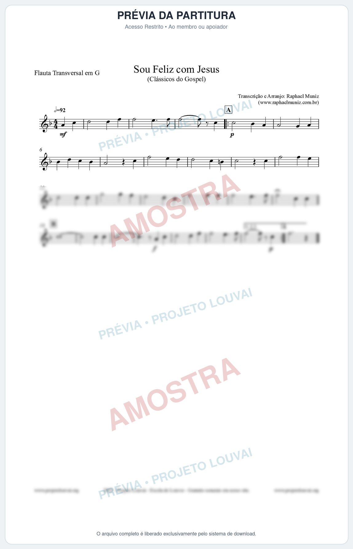 Prévia protegida da primeira página da partitura Partitura para Flauta Transversal em G - Sou Feliz com Jesus - HCC nº329 - Clássicos do Gospel