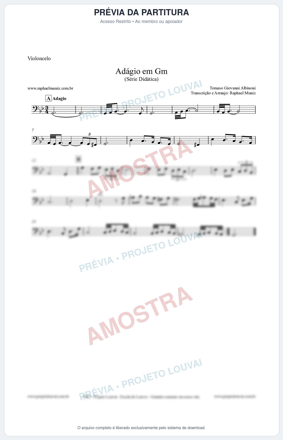 Prévia protegida da primeira página da partitura Partitura para Violoncelo - Adágio em Gm - Série Didática