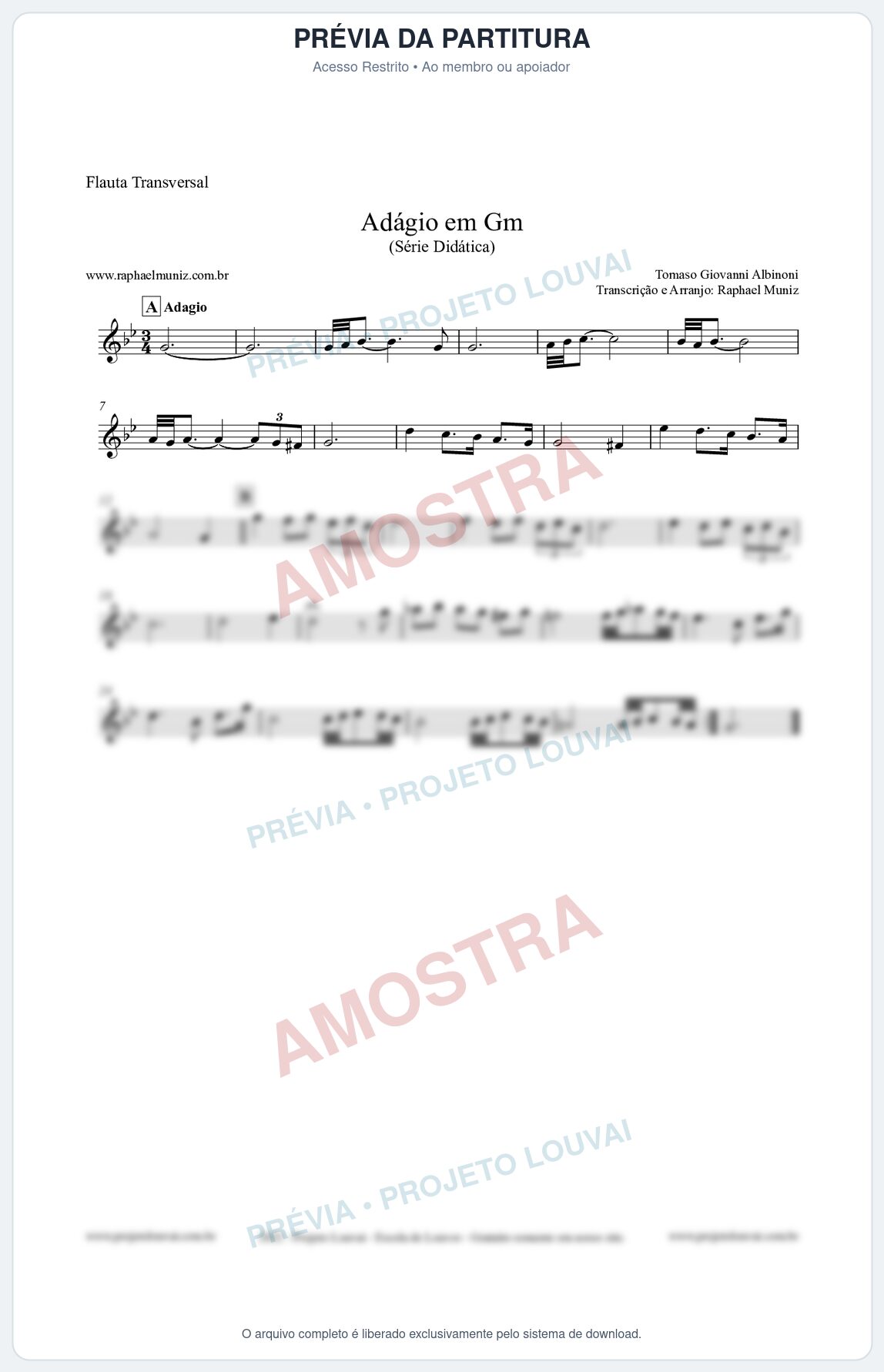 Prévia protegida da primeira página da partitura Partitura para Flauta Transversal - Adágio em Gm - Série Didática