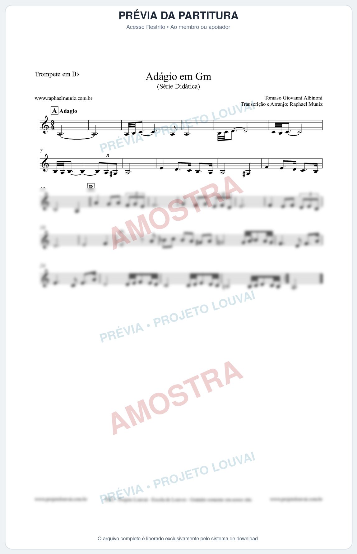 Prévia protegida da primeira página da partitura Partitura para Trompete em Bb - Adágio em Gm - Série Didática