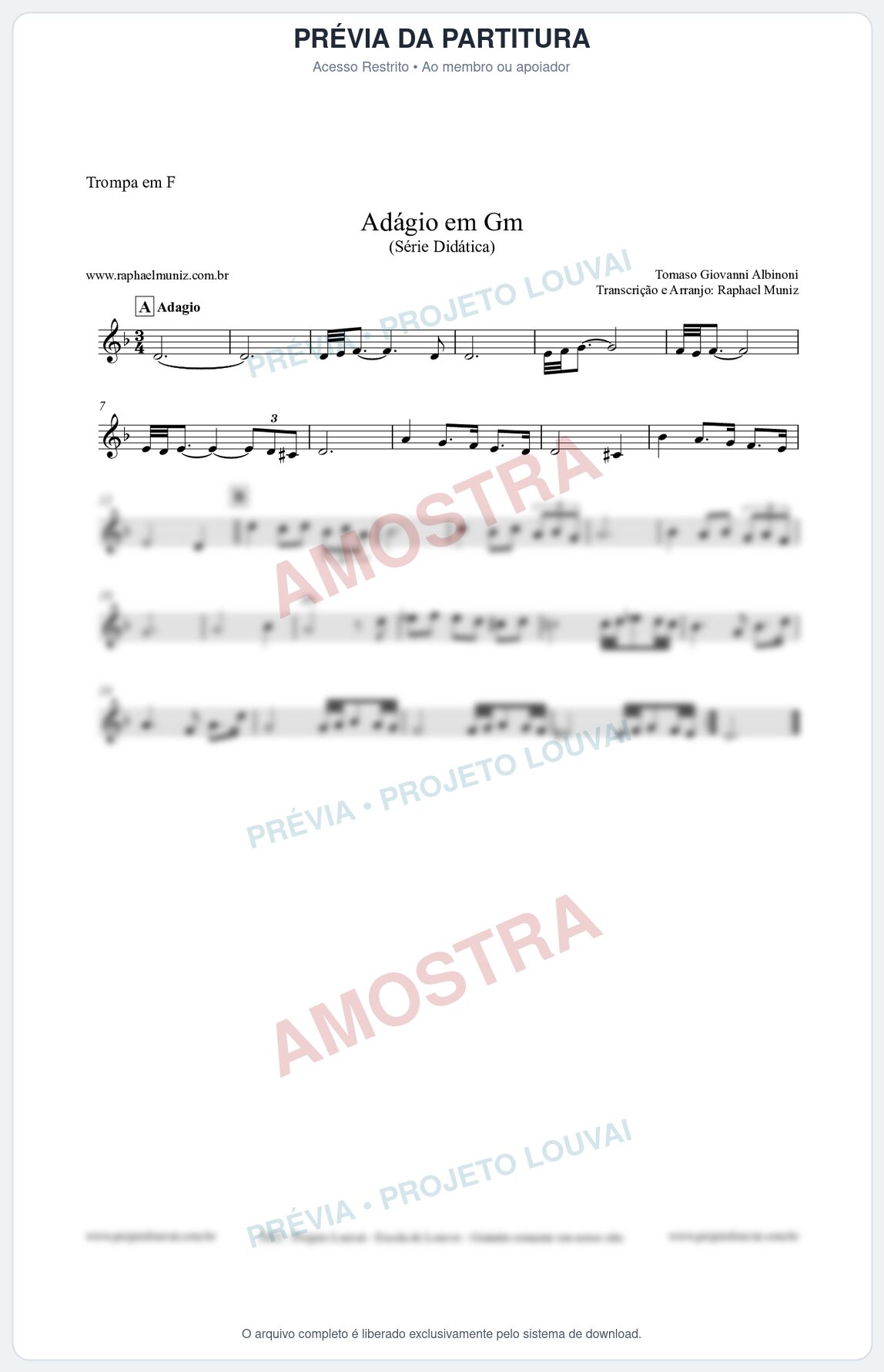 Prévia protegida da primeira página da partitura Partitura para Trompa em F - Adágio em Gm - Série Didática