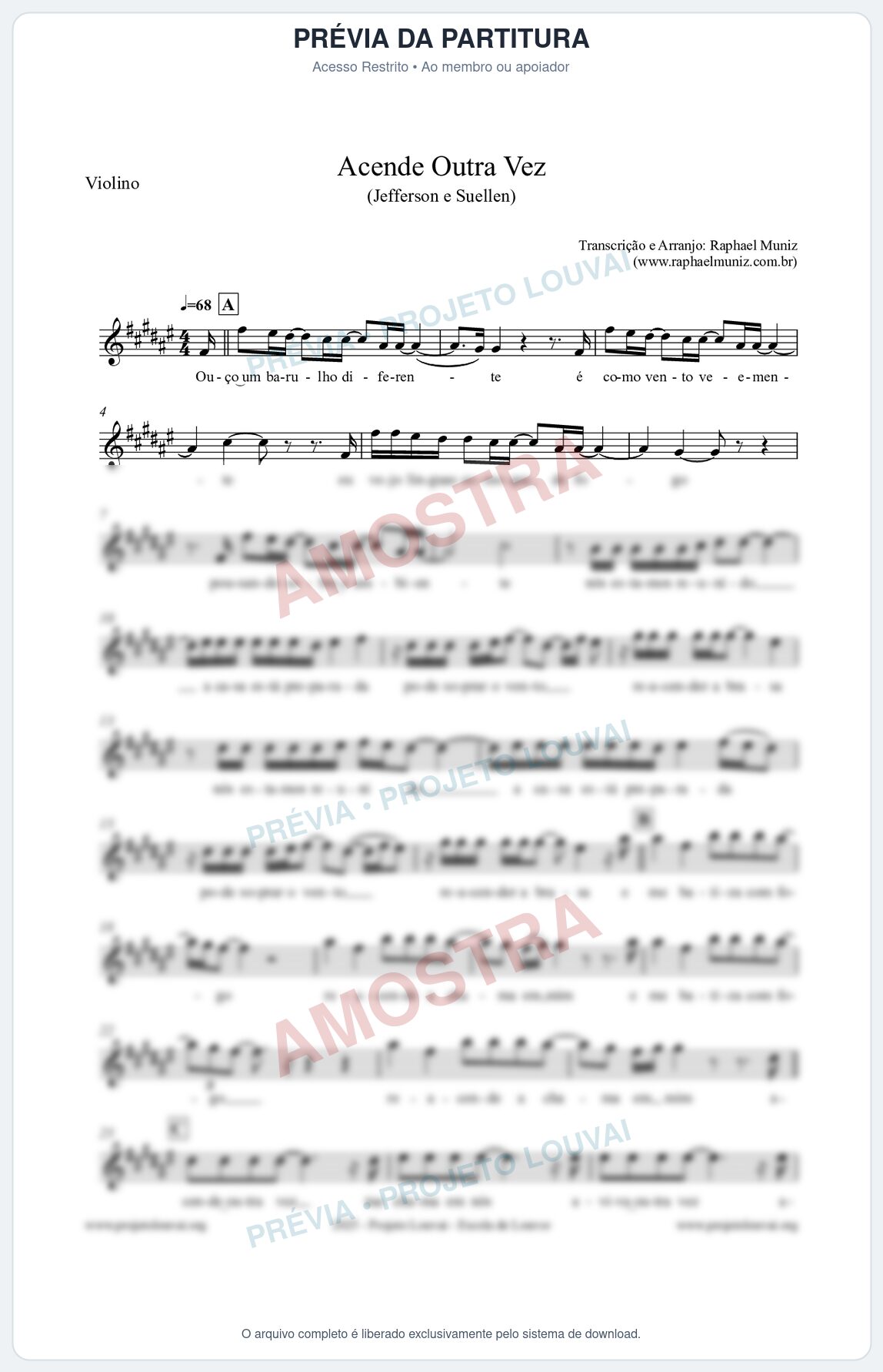 Prévia protegida da primeira página da partitura Partitura para Violino - Acende Outra Vez - Jefferson e Suellen