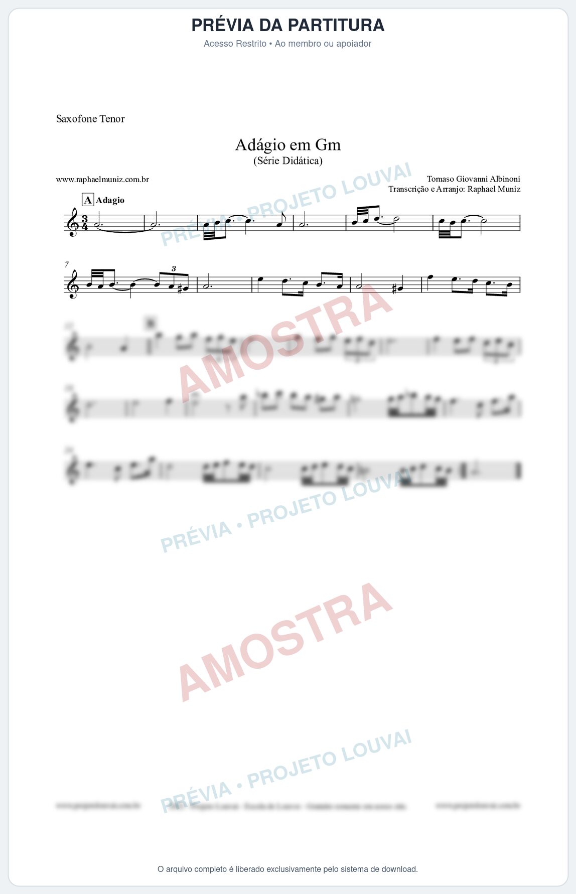 Prévia protegida da primeira página da partitura Partitura para Saxofone Tenor - Adágio em Gm - Série Didática