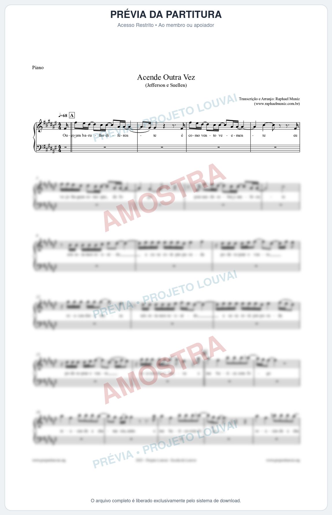Prévia protegida da primeira página da partitura Partitura para Piano - Acende Outra Vez - Jefferson e Suellen