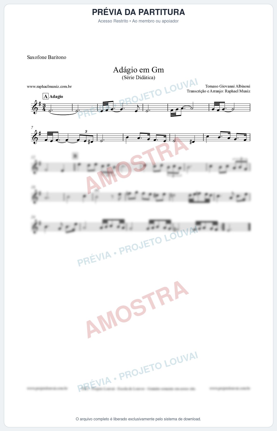 Prévia protegida da primeira página da partitura Partitura para Saxofone Barítono - Adágio em Gm - Série Didática