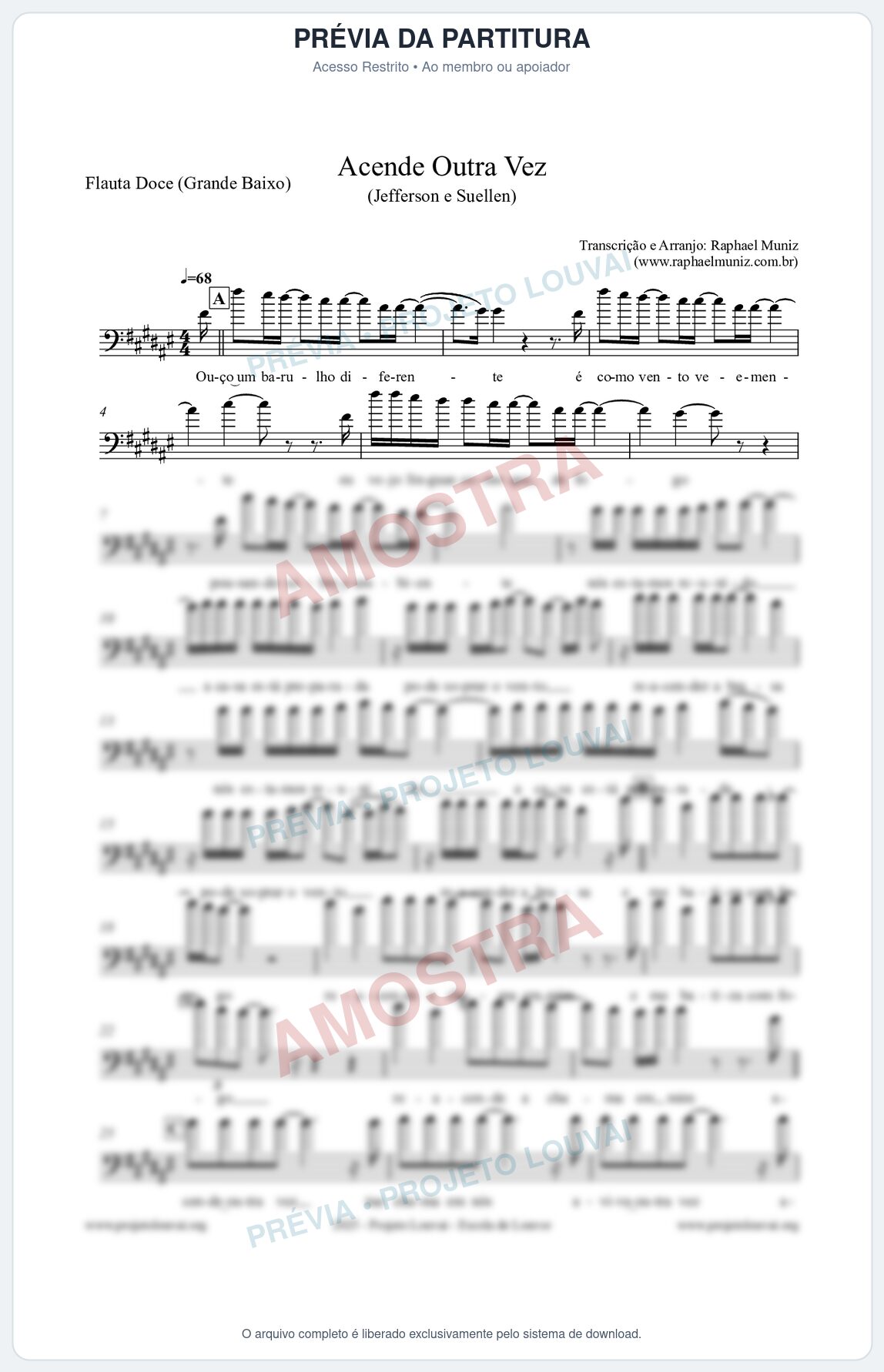 Prévia protegida da primeira página da partitura Partitura para Flauta Doce (Grande Baixo) - Acende Outra Vez - Jefferson e Suellen