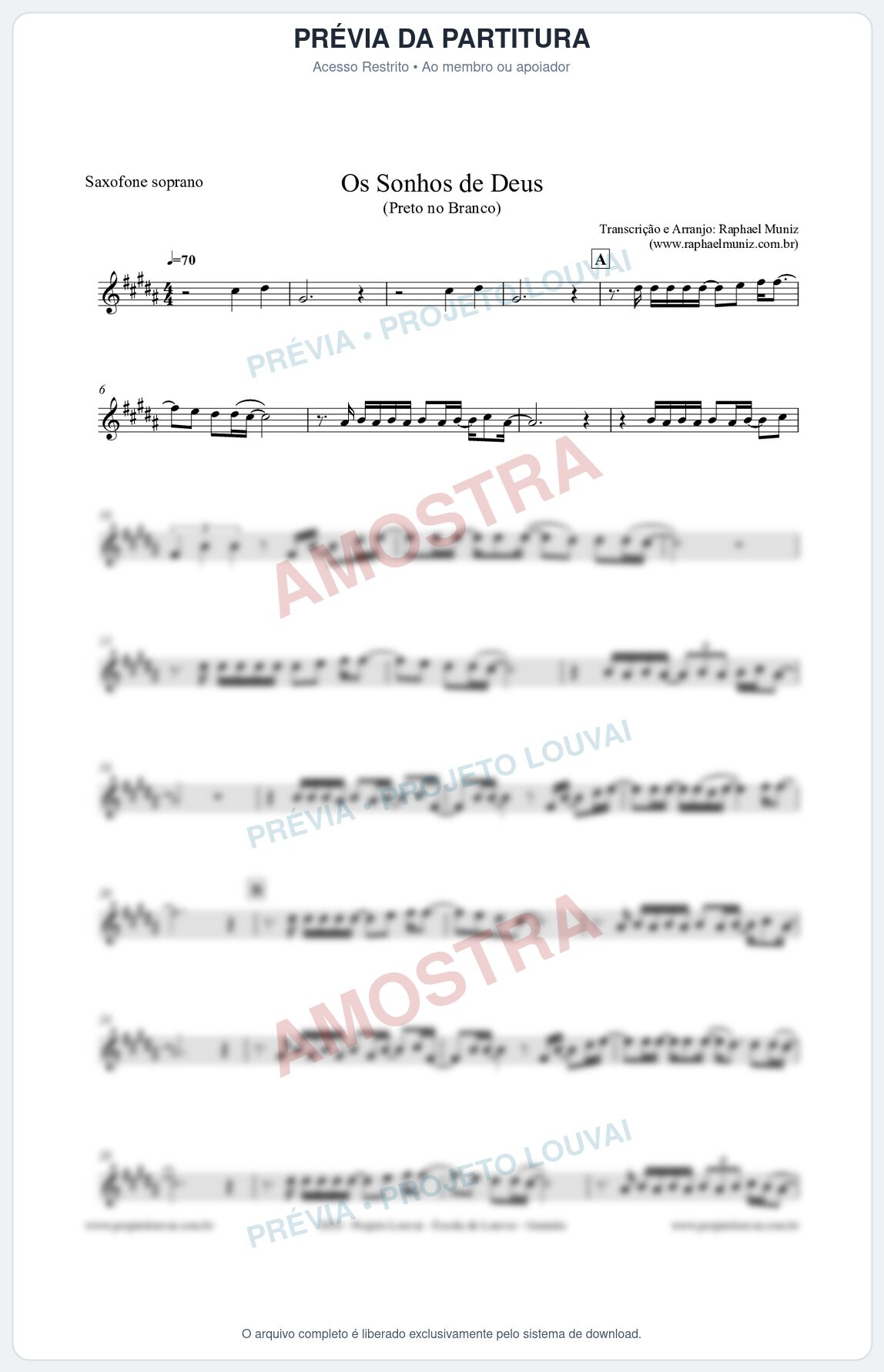 Prévia protegida da primeira página da partitura Partitura para Saxofone Soprano - Os Sonhos de Deus - Preto no Branco